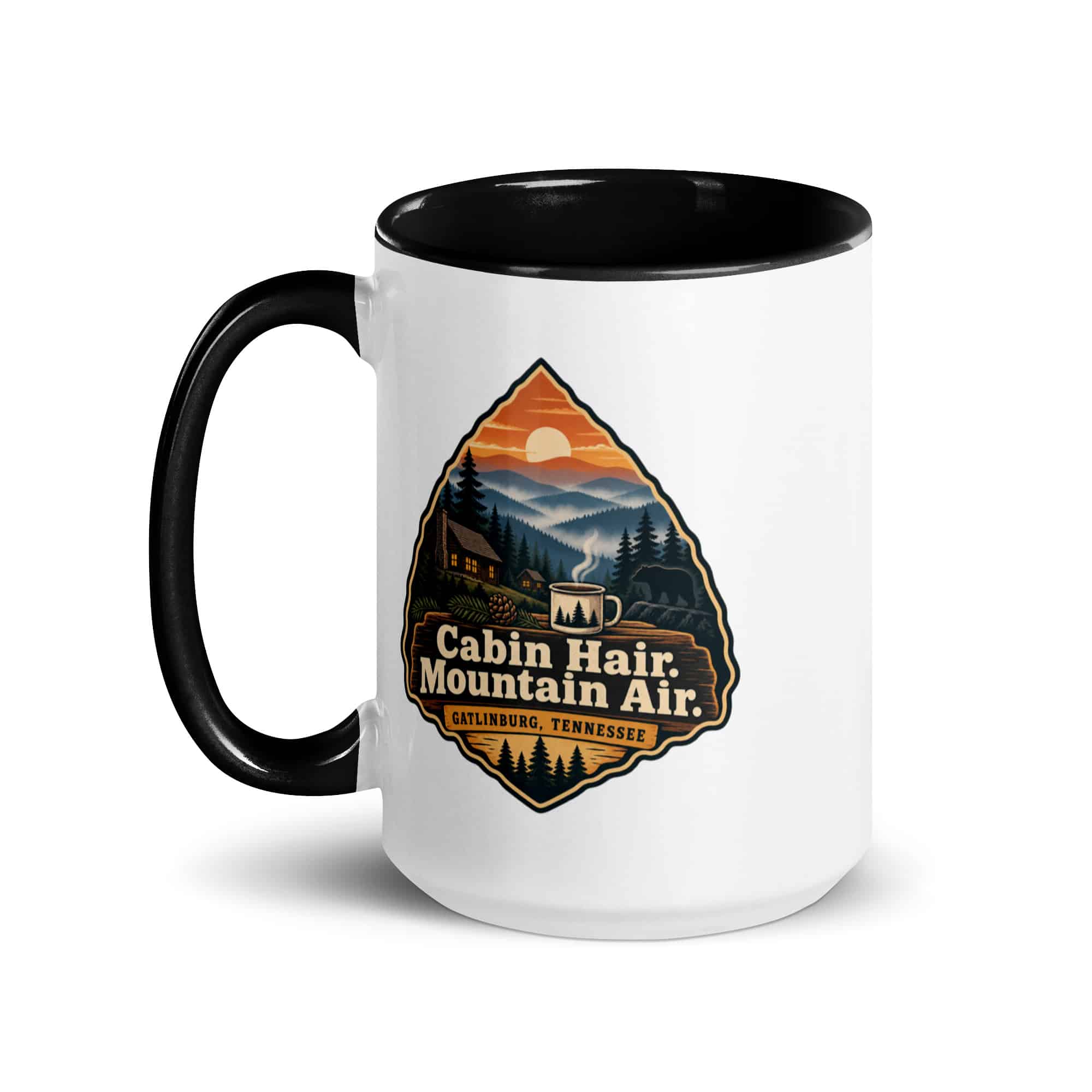 Gatlinburg and the Smokies Color Inside Coffee Mug: Cabin Hair. Mountain Air, Scenic Shield Badge