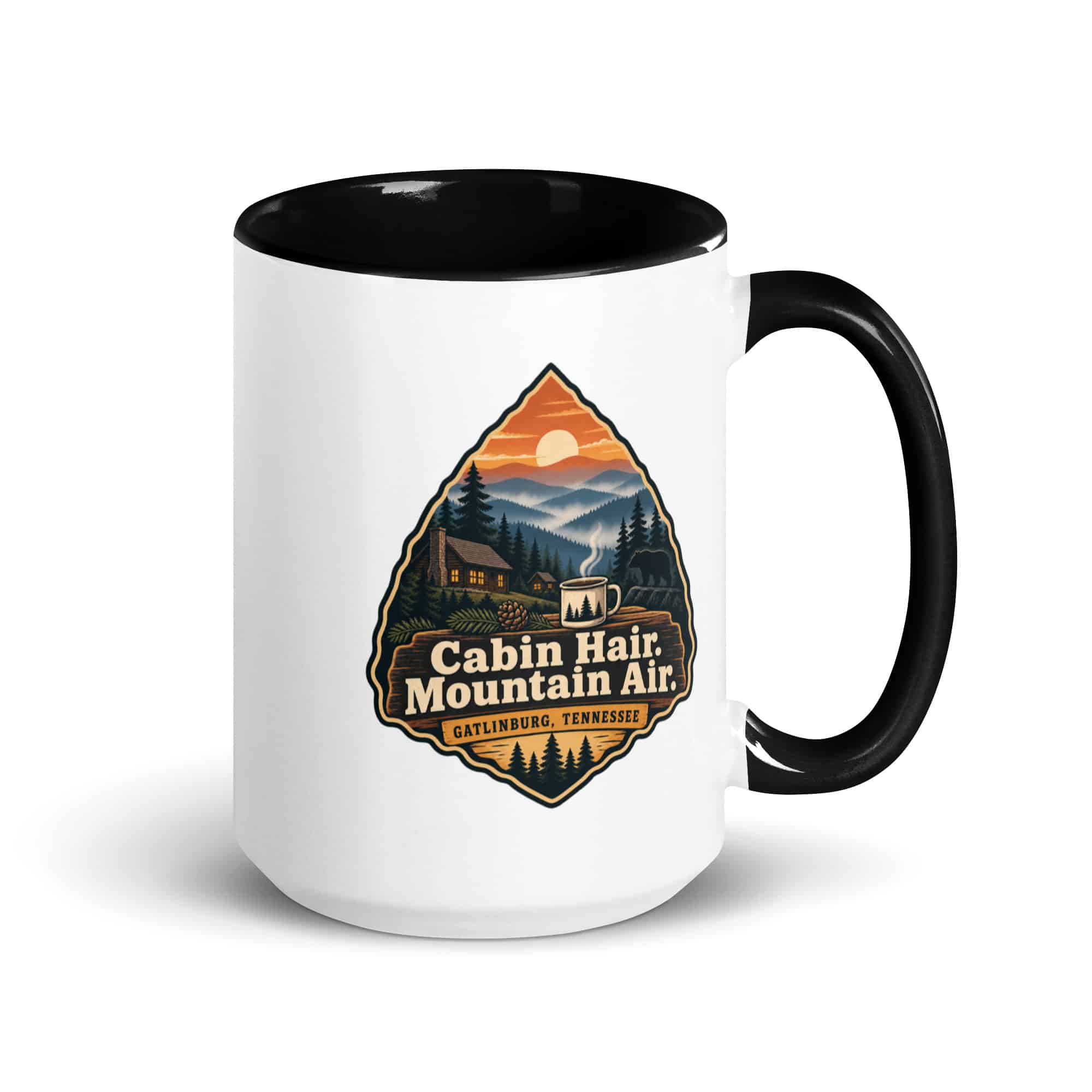 Gatlinburg and the Smokies Color Inside Coffee Mug: Cabin Hair. Mountain Air, Scenic Shield Badge