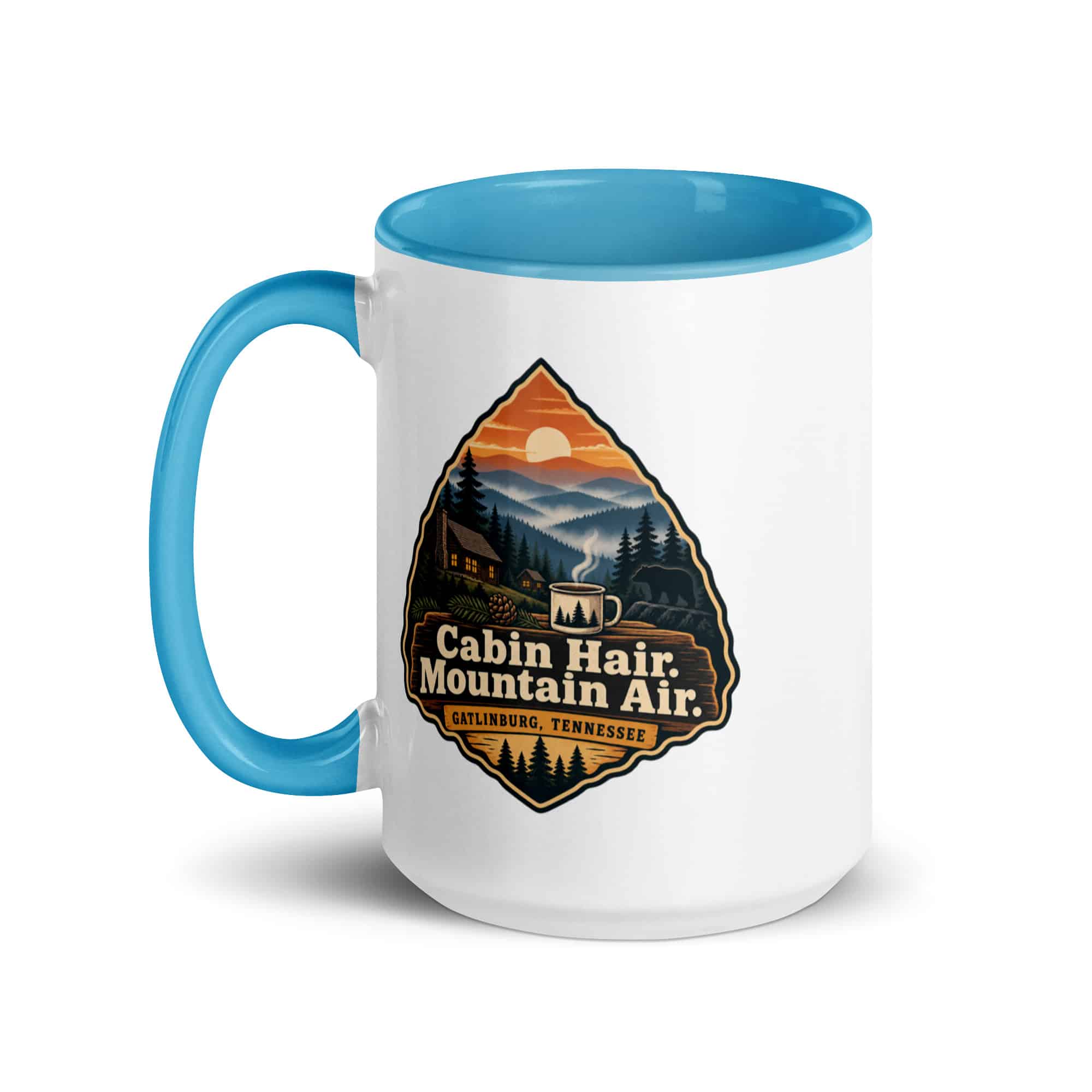 Gatlinburg and the Smokies Color Inside Coffee Mug: Cabin Hair. Mountain Air, Scenic Shield Badge