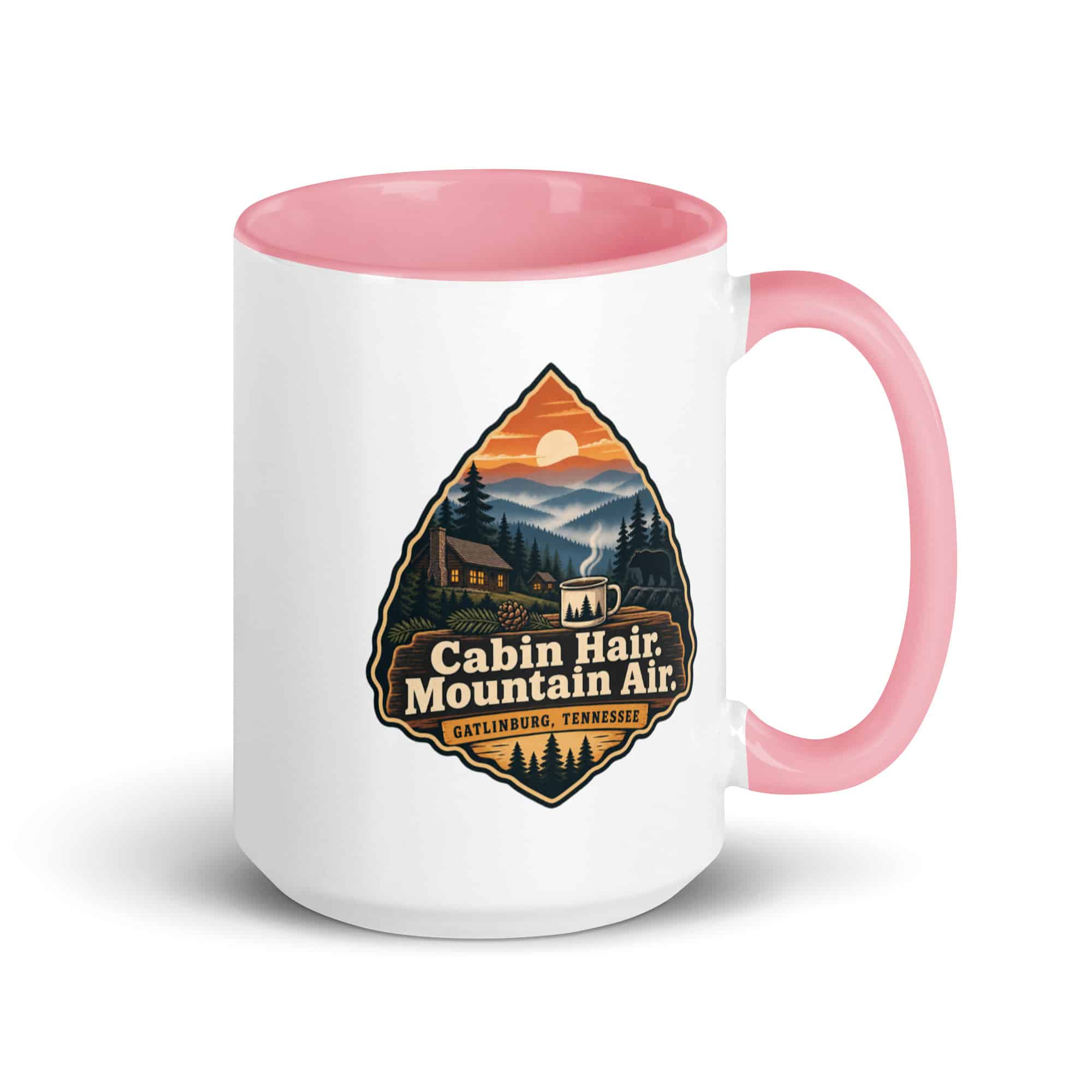 Gatlinburg and the Smokies Color Inside Coffee Mug: Cabin Hair. Mountain Air, Scenic Shield Badge