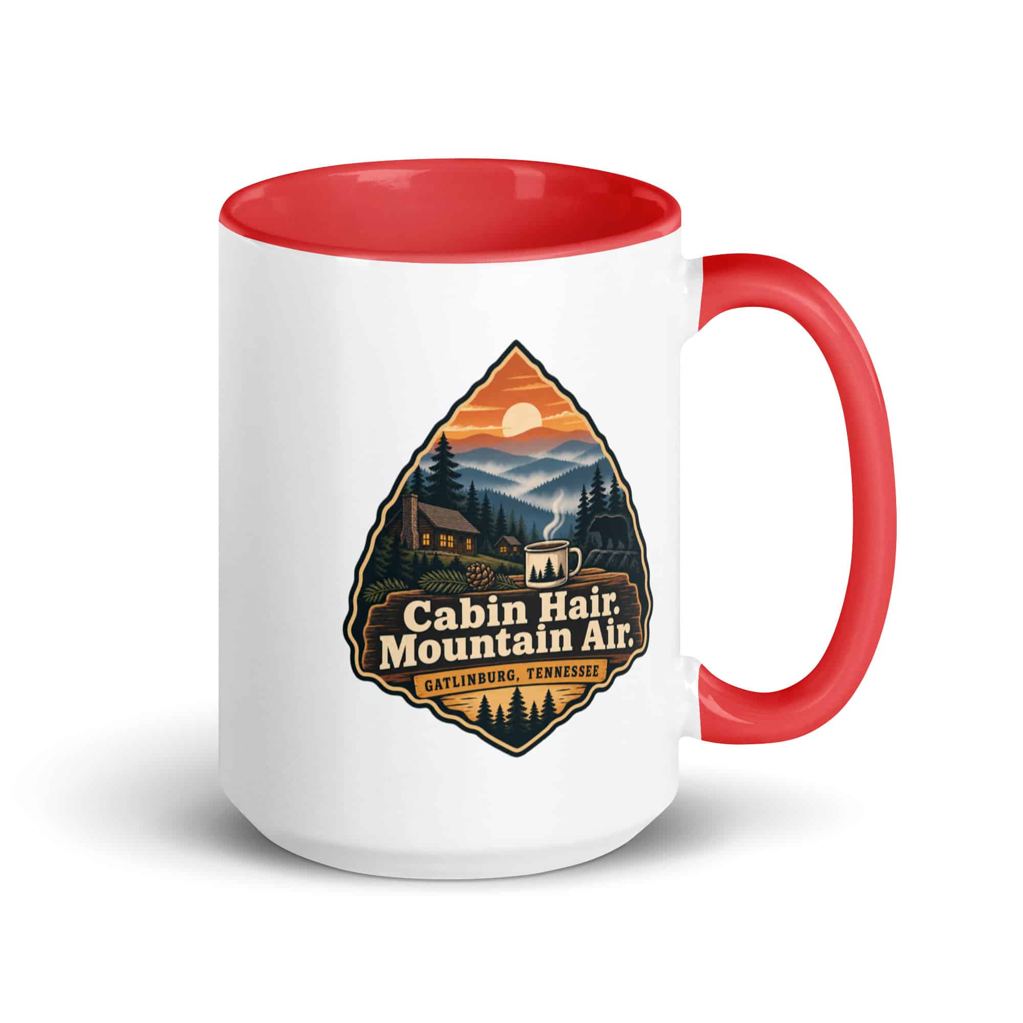 Gatlinburg and the Smokies Color Inside Coffee Mug: Cabin Hair. Mountain Air, Scenic Shield Badge
