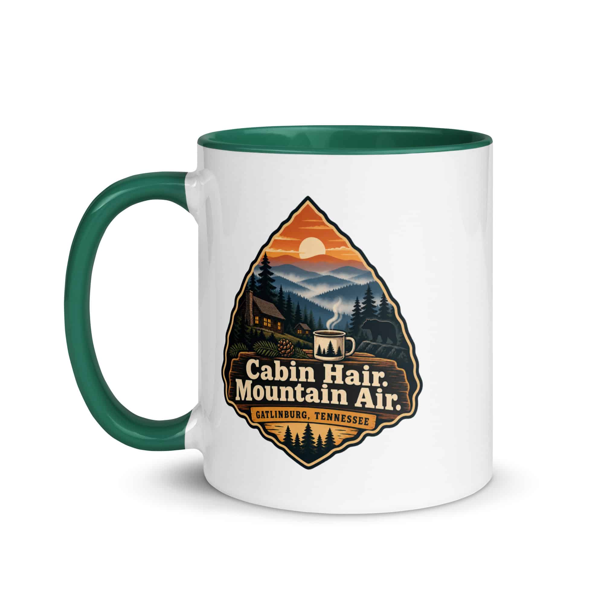 Gatlinburg and the Smokies Color Inside Coffee Mug: Cabin Hair. Mountain Air, Scenic Shield Badge