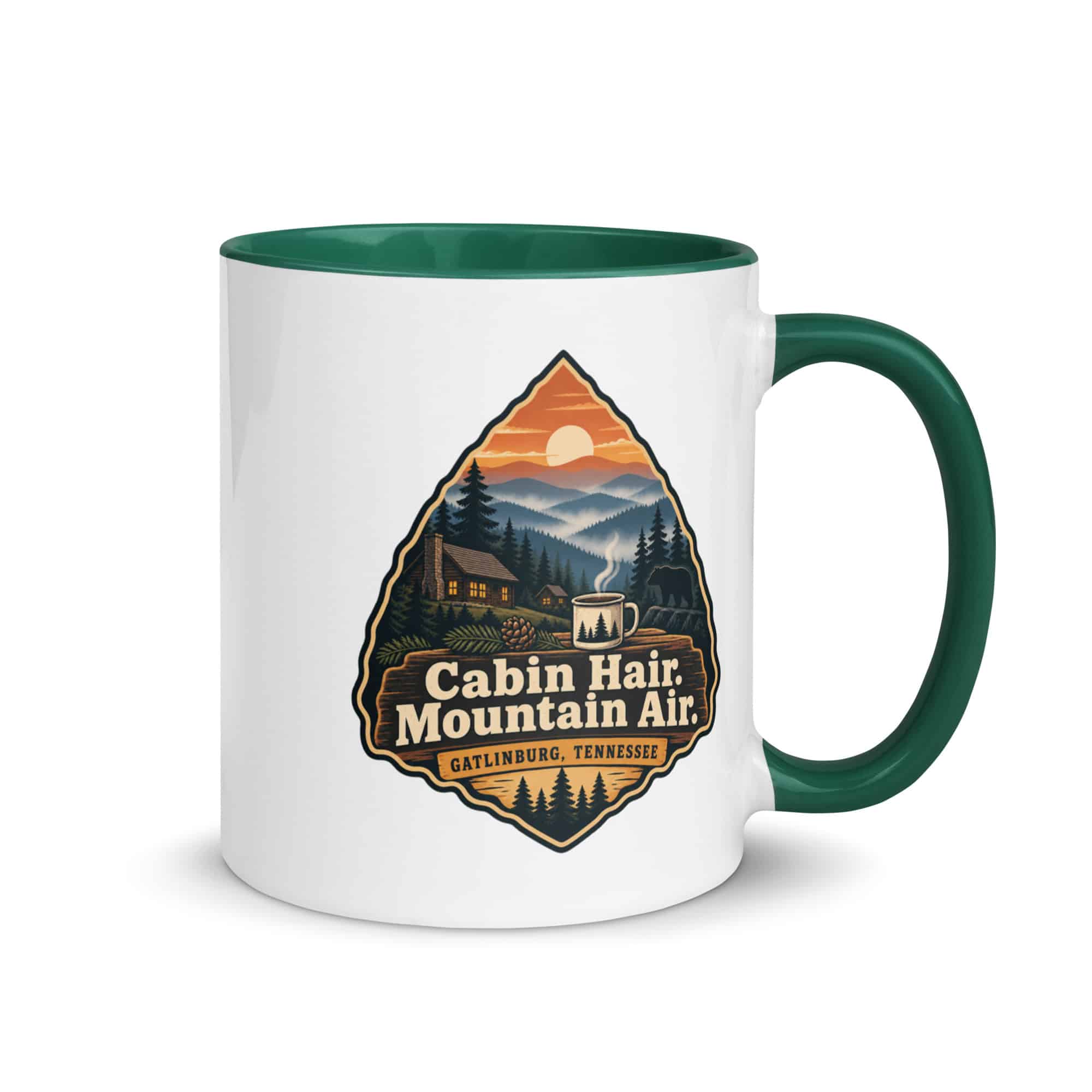 Gatlinburg and the Smokies Color Inside Coffee Mug: Cabin Hair. Mountain Air, Scenic Shield Badge