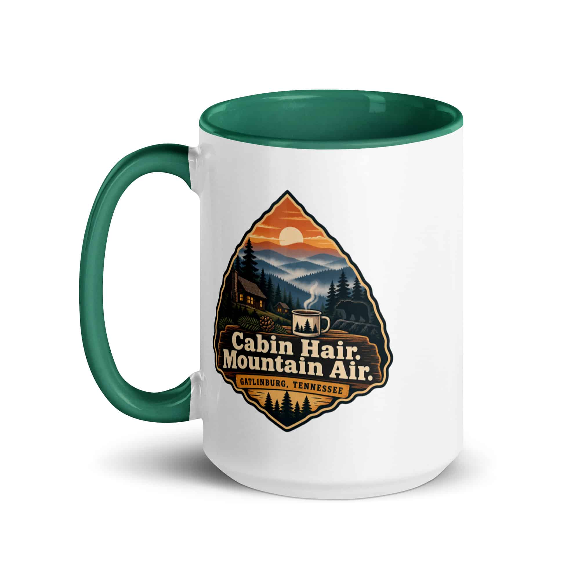 Gatlinburg and the Smokies Color Inside Coffee Mug: Cabin Hair. Mountain Air, Scenic Shield Badge