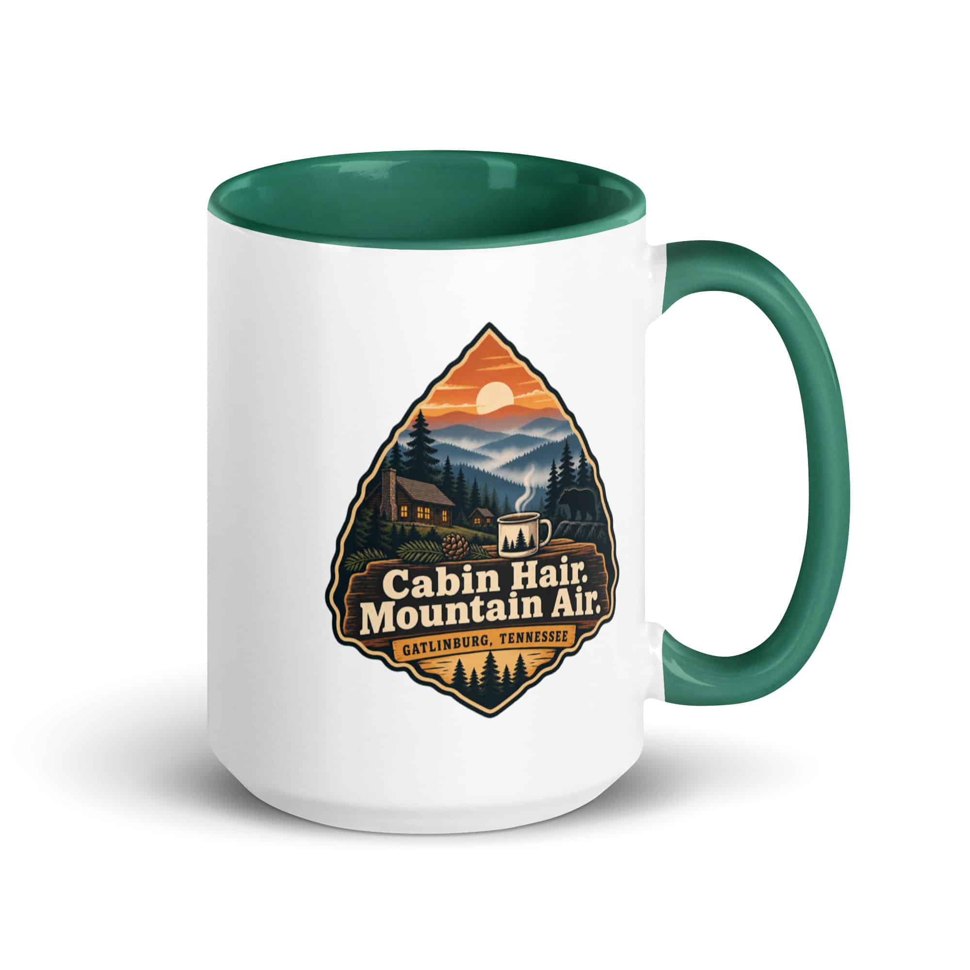 Gatlinburg and the Smokies Color Inside Coffee Mug: Cabin Hair. Mountain Air, Scenic Shield Badge