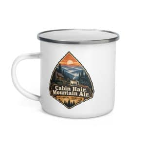 Gatlinburg and the Smokies Enamel Camp Mug: Cabin Hair. Mountain Air, Scenic Shield Badge - 12 oz - Left
