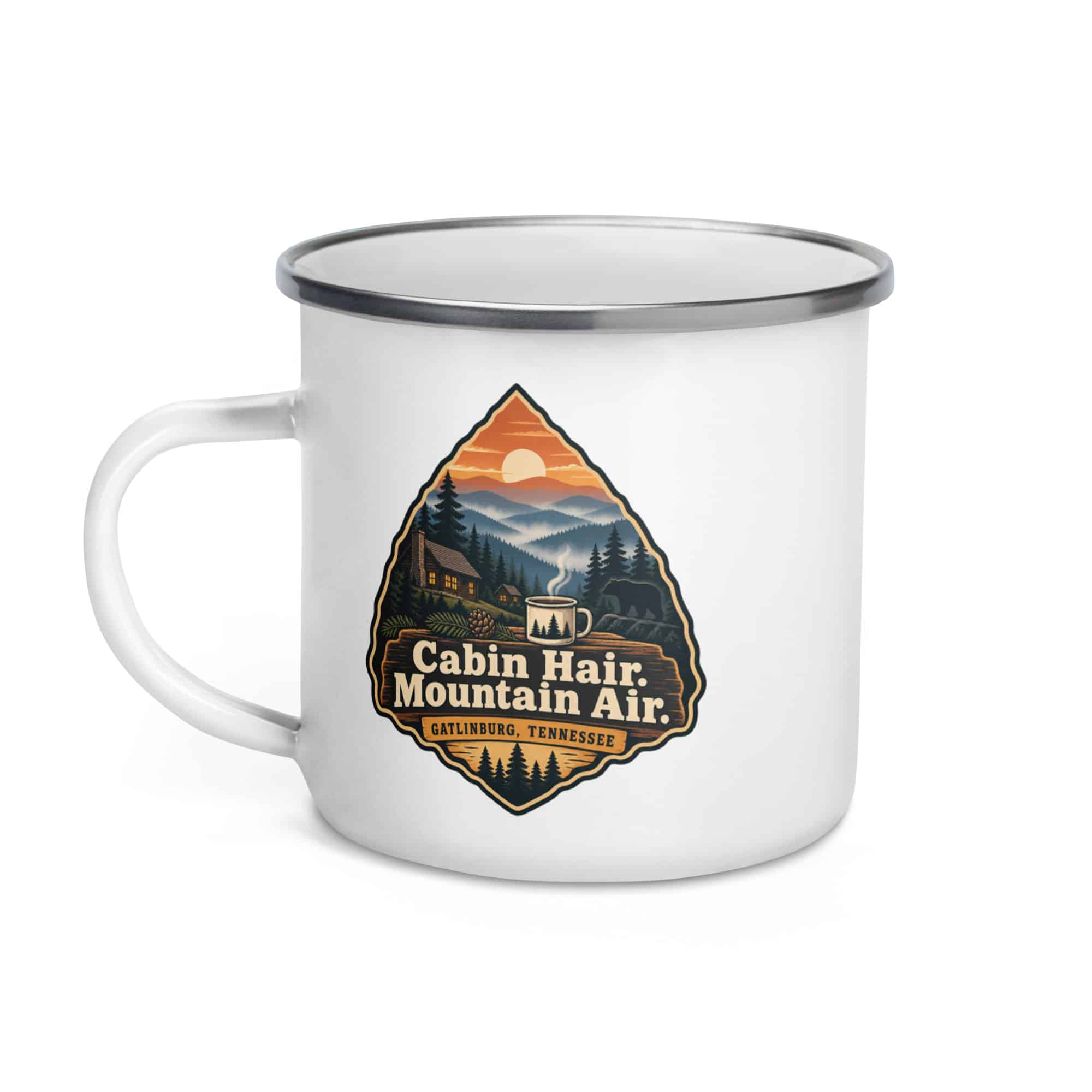 Gatlinburg and the Smokies Enamel Camp Mug: Cabin Hair. Mountain Air, Scenic Shield Badge