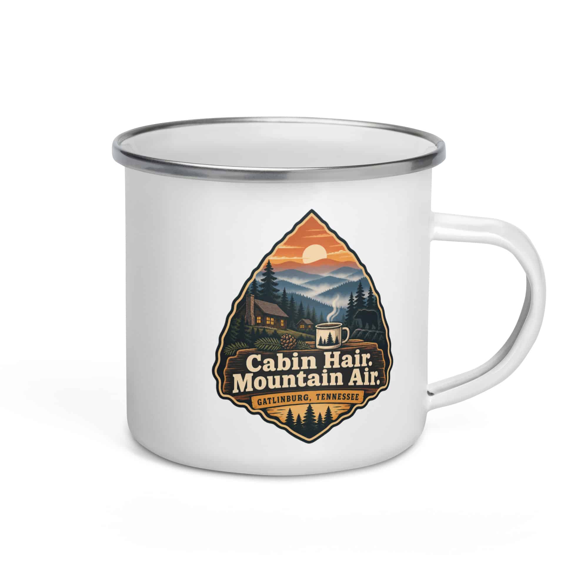 Gatlinburg and the Smokies Enamel Camp Mug: Cabin Hair. Mountain Air, Scenic Shield Badge