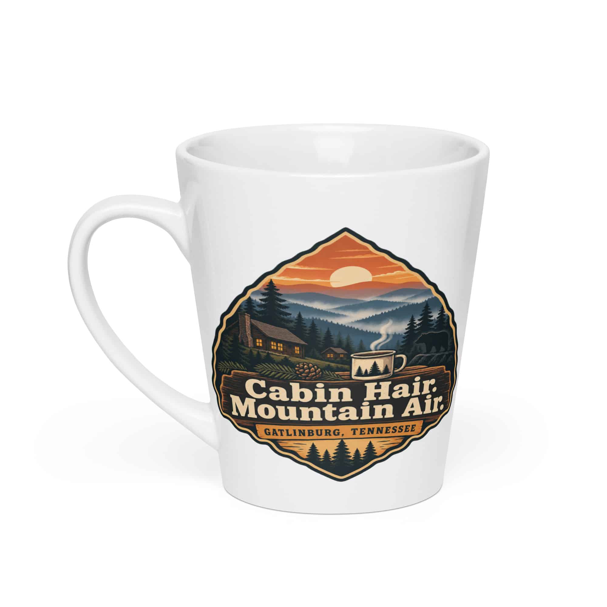 Gatlinburg and the Smokies Latte Mug: Cabin Hair. Mountain Air, Scenic Shield Badge