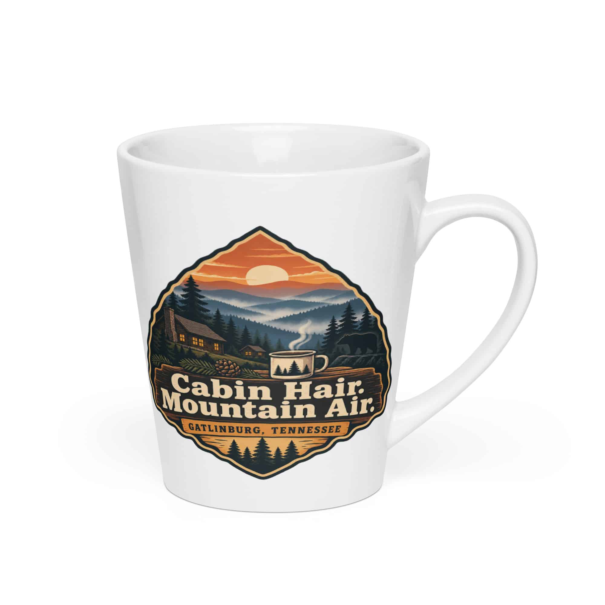 Gatlinburg and the Smokies Latte Mug: Cabin Hair. Mountain Air, Scenic Shield Badge