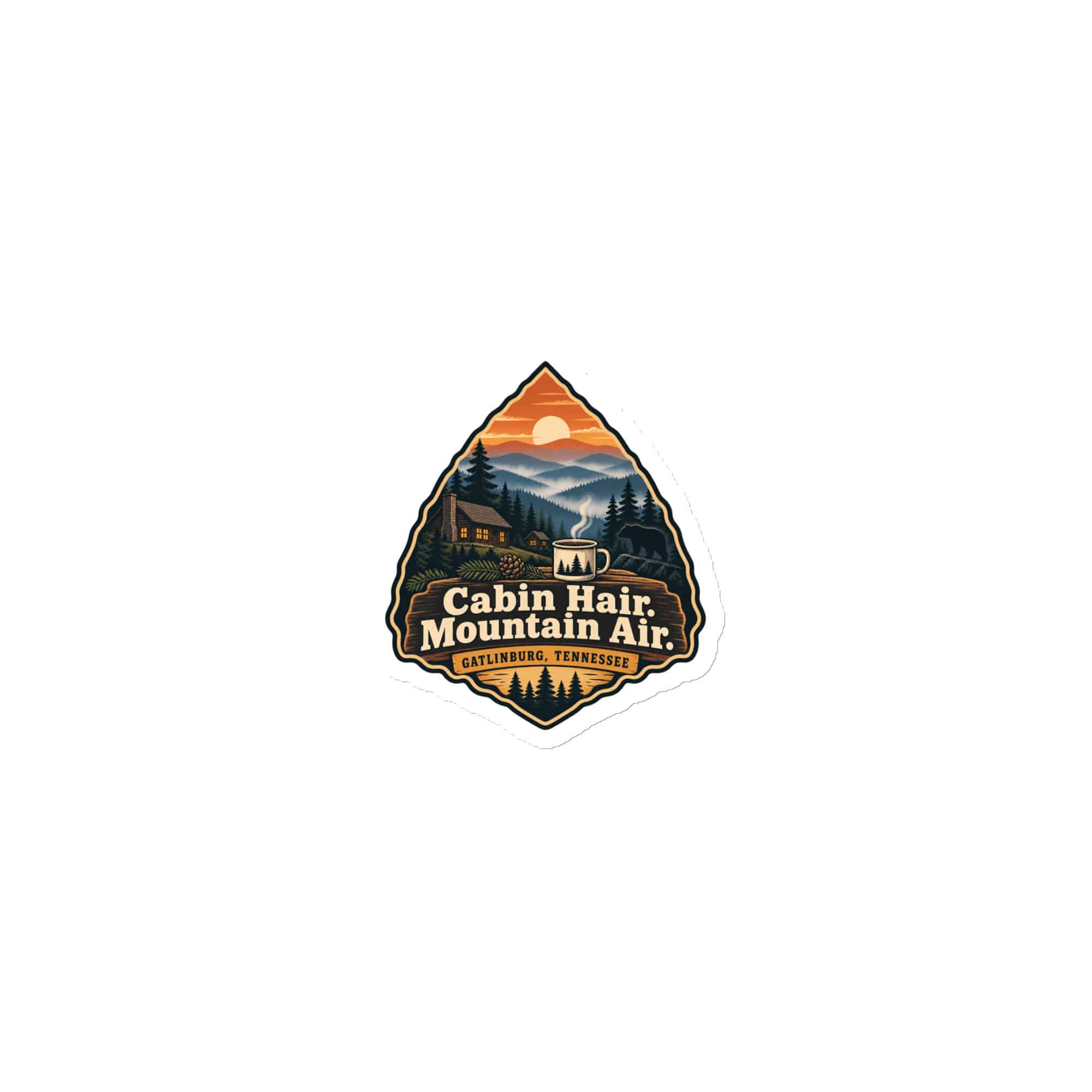 Gatlinburg and the Smokies Die-Cut Magnet: Cabin Hair. Mountain Air, Scenic Shield Badge