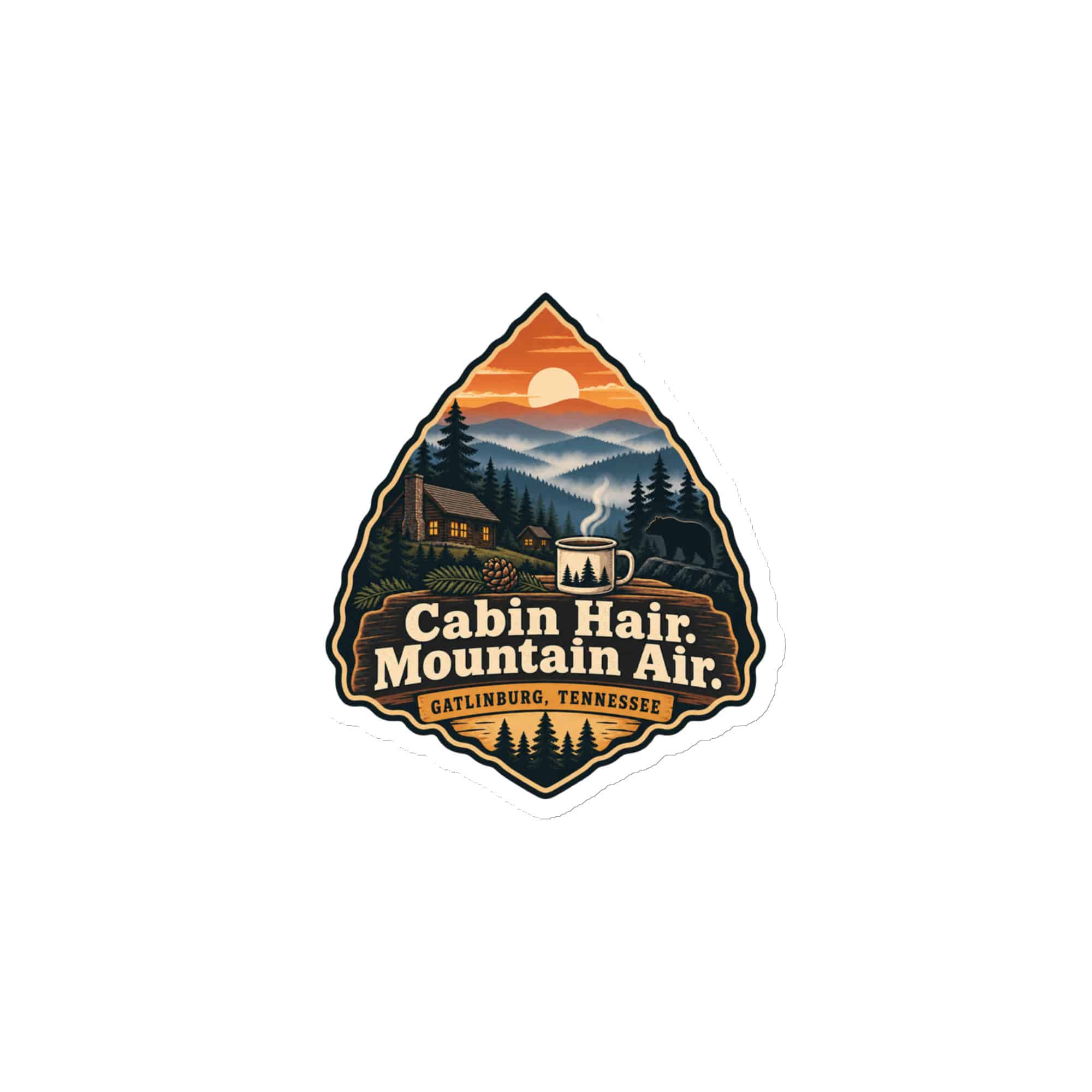Gatlinburg and the Smokies Die-Cut Magnet: Cabin Hair. Mountain Air, Scenic Shield Badge