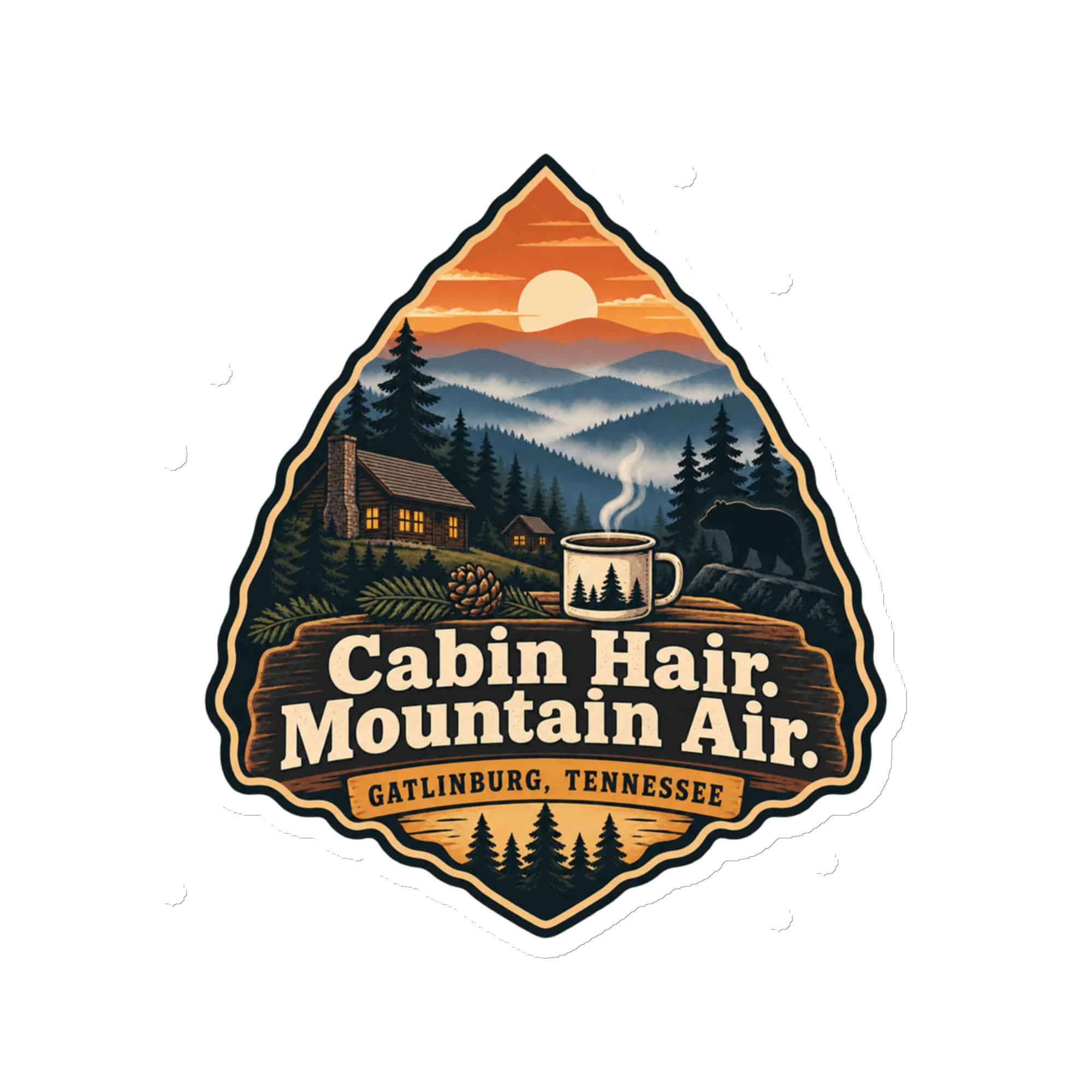 Gatlinburg and the Smokies Die-Cut Magnet: Cabin Hair. Mountain Air, Scenic Shield Badge