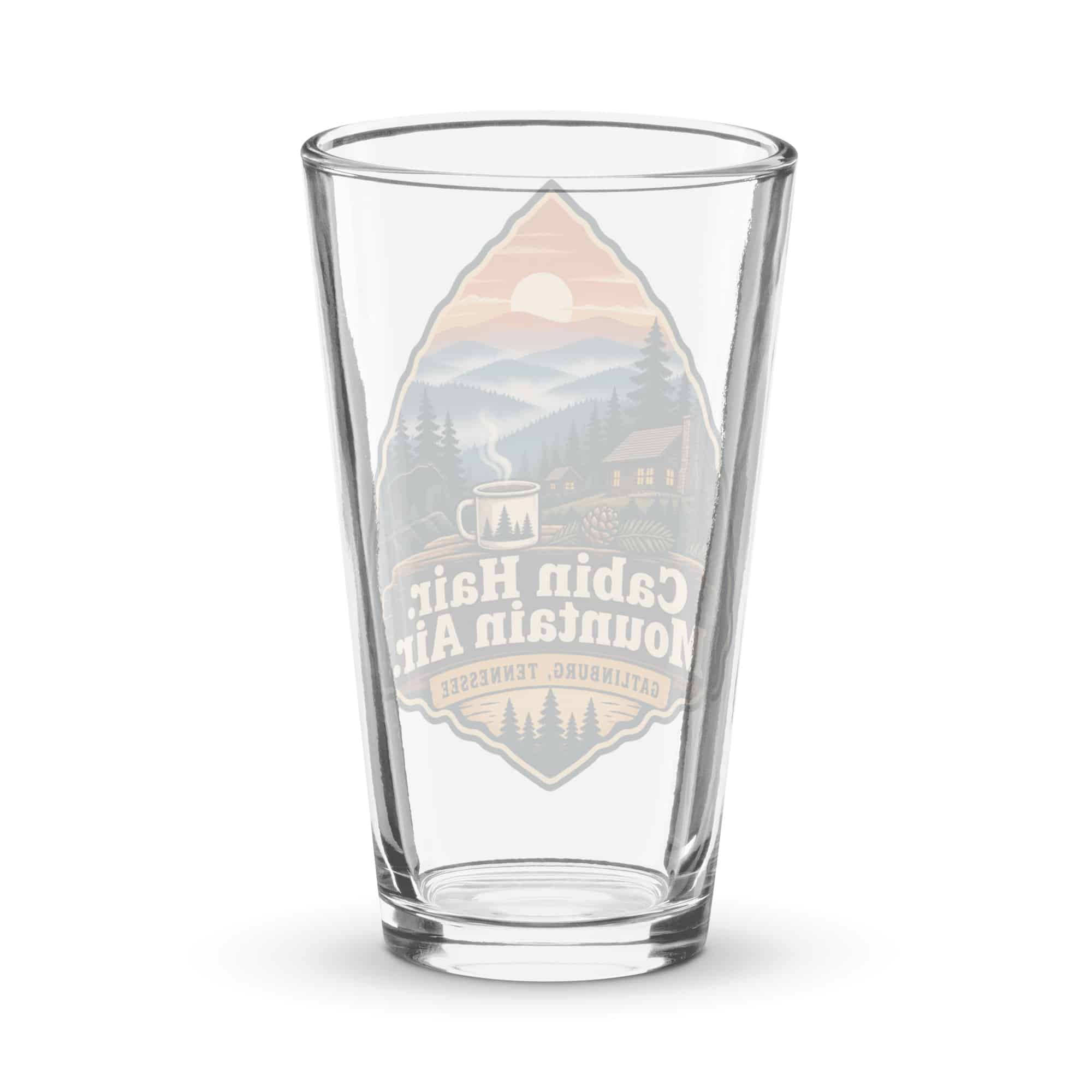 Gatlinburg and the Smokies Pint Glass: Cabin Hair. Mountain Air, Scenic Shield Badge