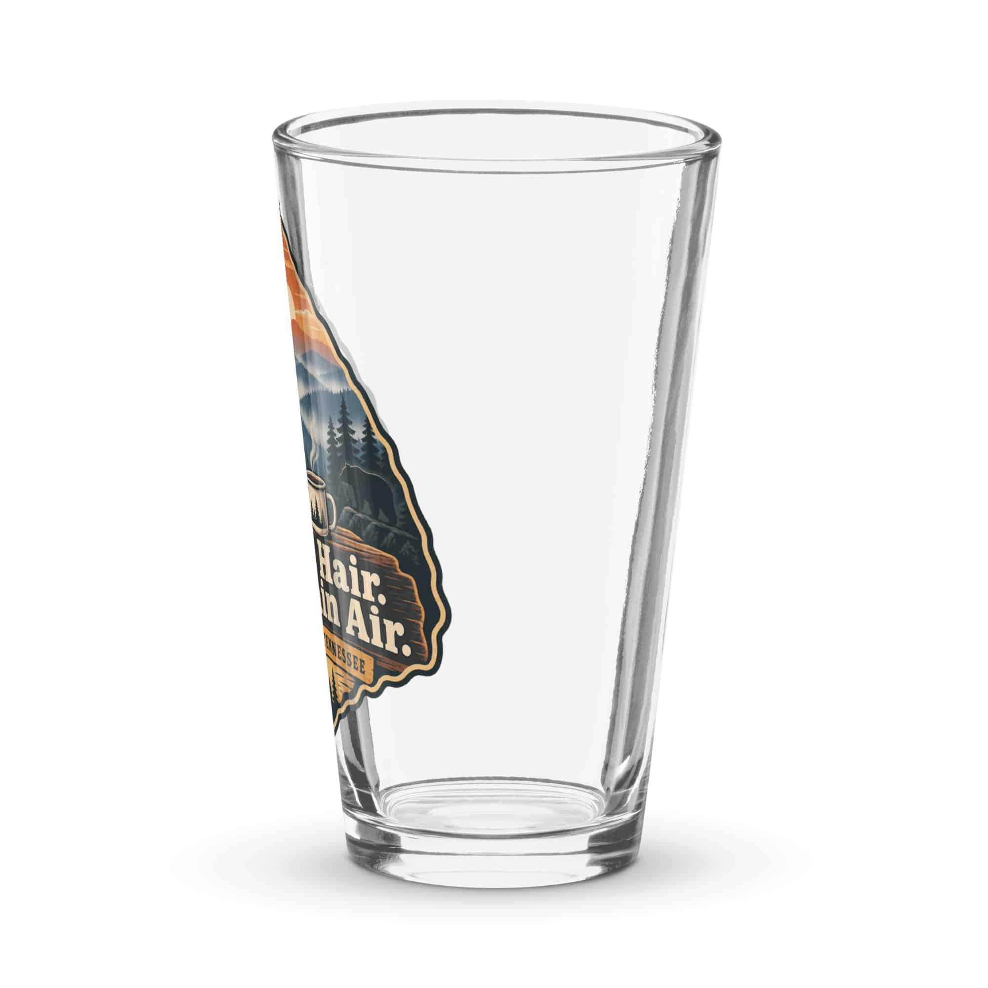 Gatlinburg and the Smokies Pint Glass: Cabin Hair. Mountain Air, Scenic Shield Badge