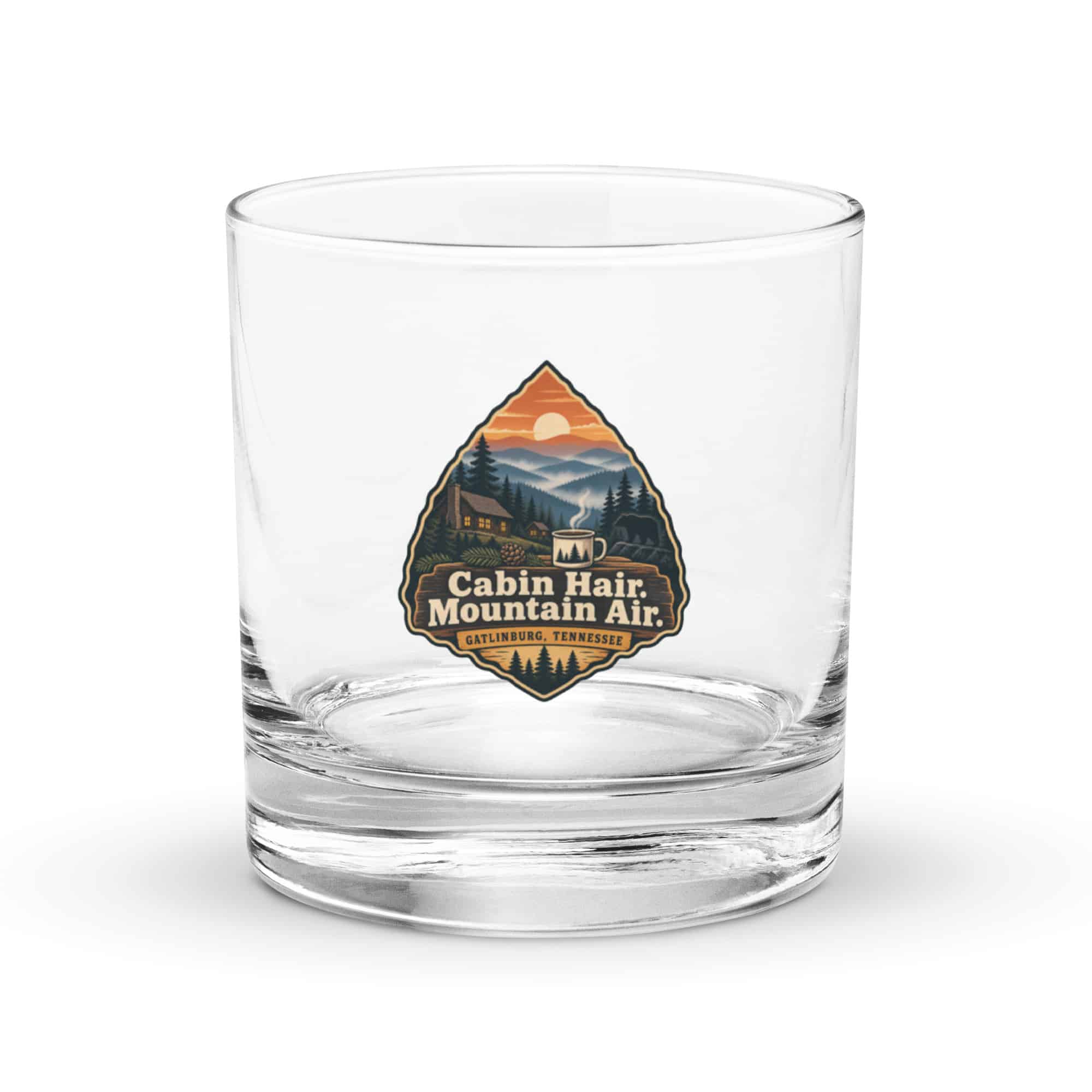 Gatlinburg and the Smokies Rocks Glass: Cabin Hair. Mountain Air, Scenic Shield Badge