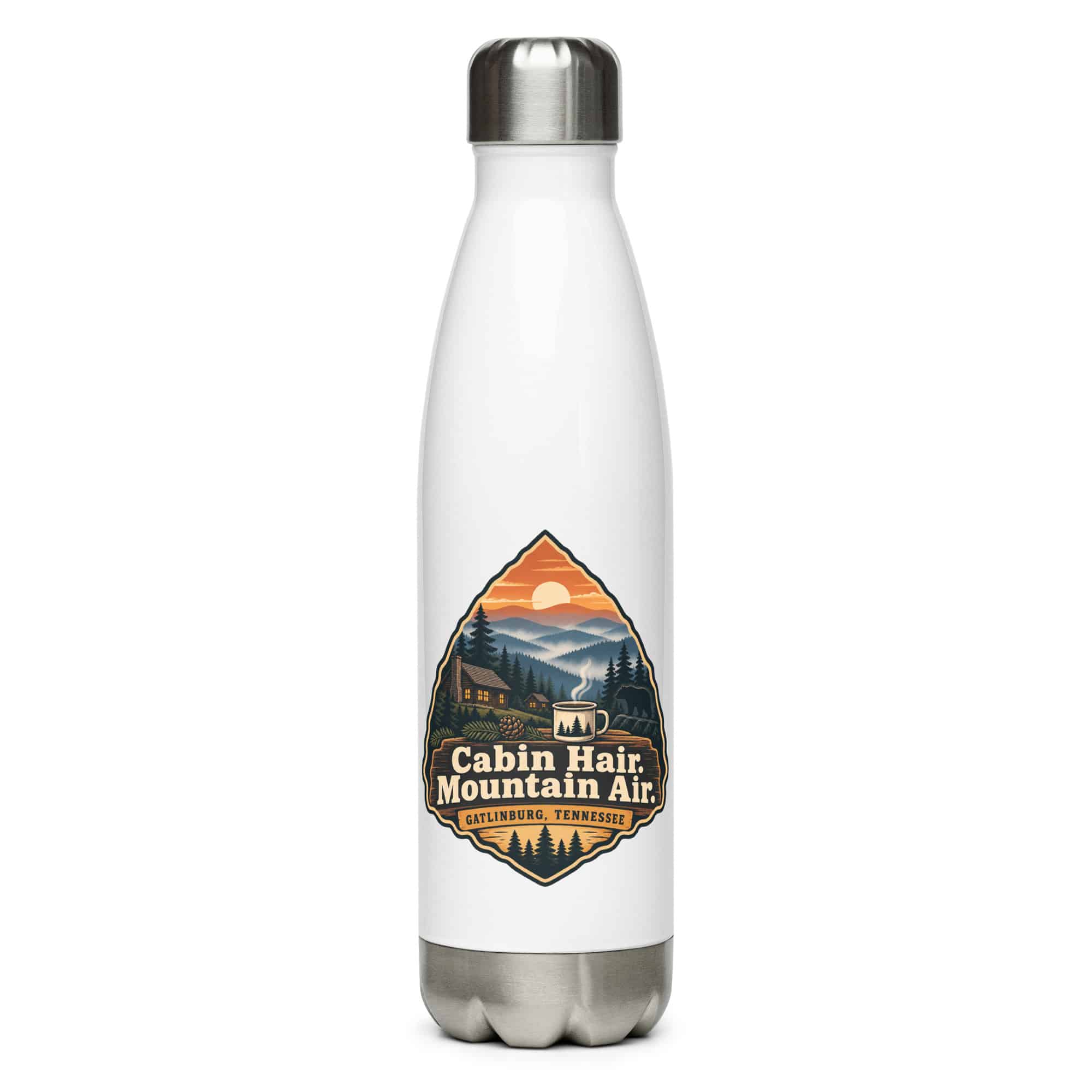 Gatlinburg and the Smokies Stainless Steel Water Bottle: Cabin Hair. Mountain Air, Scenic Shield Badge