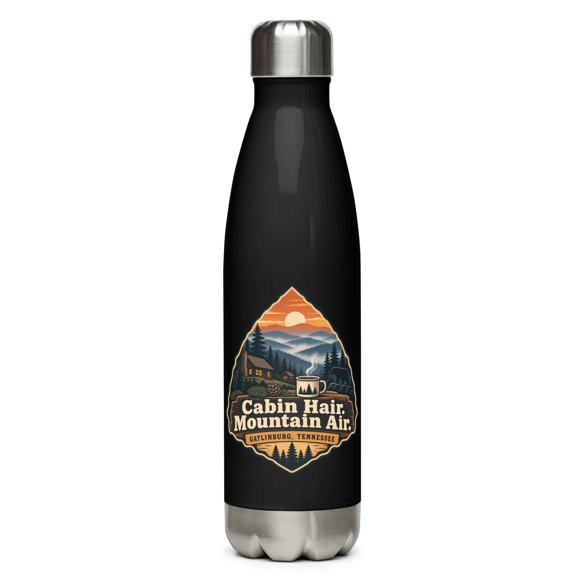 Gatlinburg and the Smokies Stainless Steel Water Bottle: Cabin Hair. Mountain Air, Scenic Shield Badge