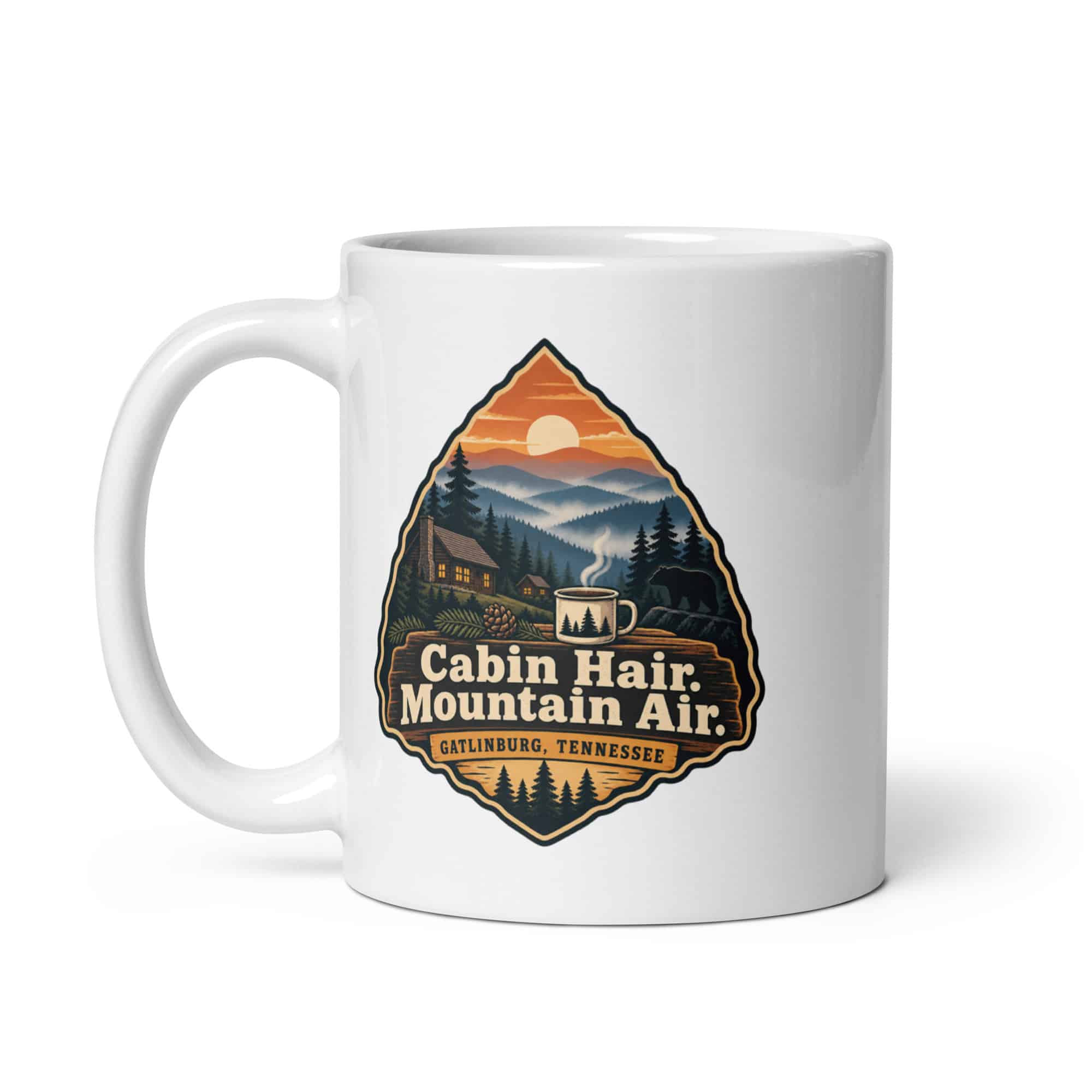 Gatlinburg and the Smokies White Ceramic Coffee Mug: Cabin Hair. Mountain Air, Scenic Shield Badge