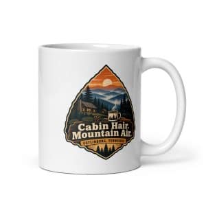 Gatlinburg and the Smokies White Ceramic Coffee Mug: Cabin Hair. Mountain Air, Scenic Shield Badge - 11 oz - Main