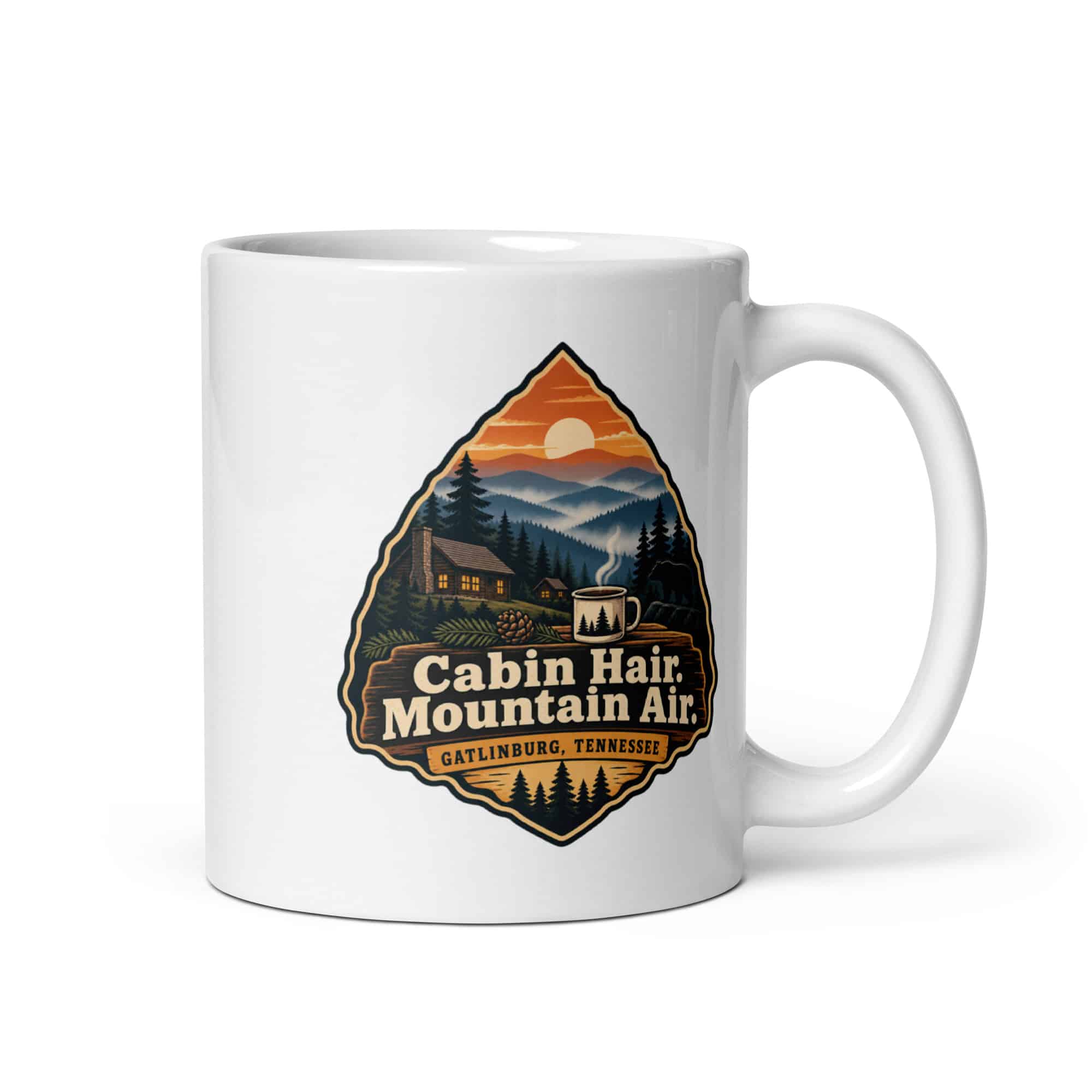 Gatlinburg and the Smokies White Ceramic Coffee Mug: Cabin Hair. Mountain Air, Scenic Shield Badge