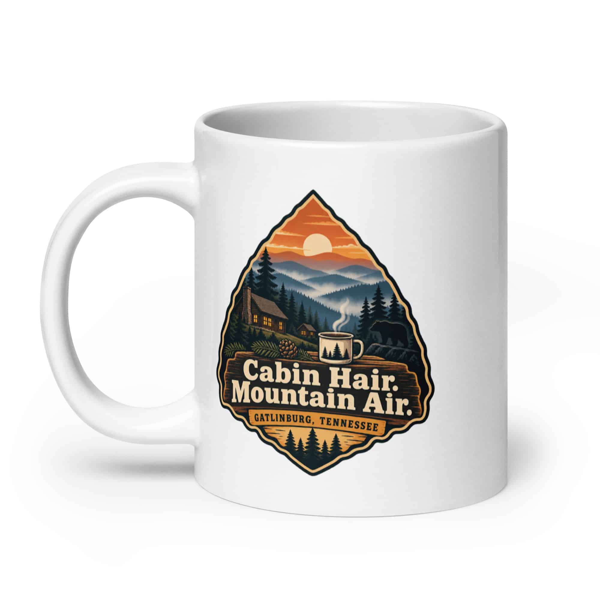 Gatlinburg and the Smokies White Ceramic Coffee Mug: Cabin Hair. Mountain Air, Scenic Shield Badge