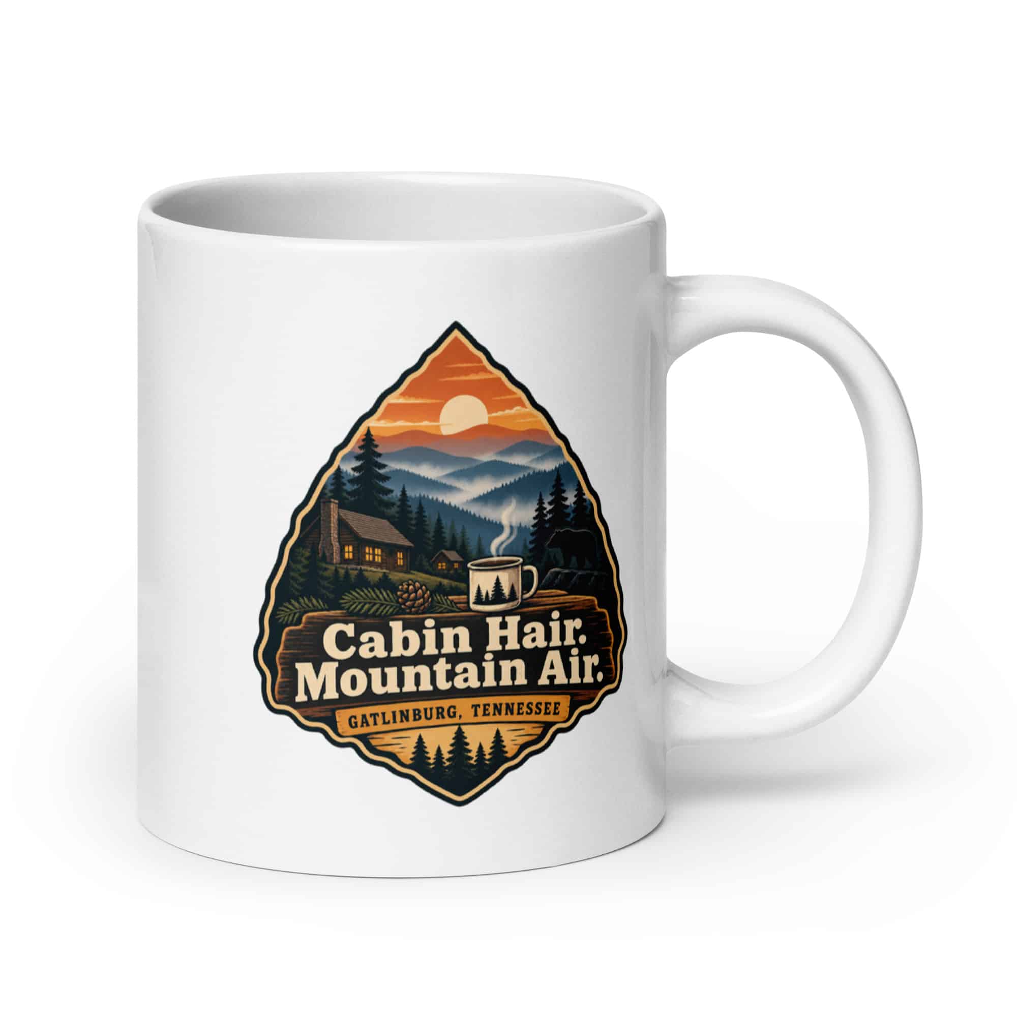 Gatlinburg and the Smokies White Ceramic Coffee Mug: Cabin Hair. Mountain Air, Scenic Shield Badge