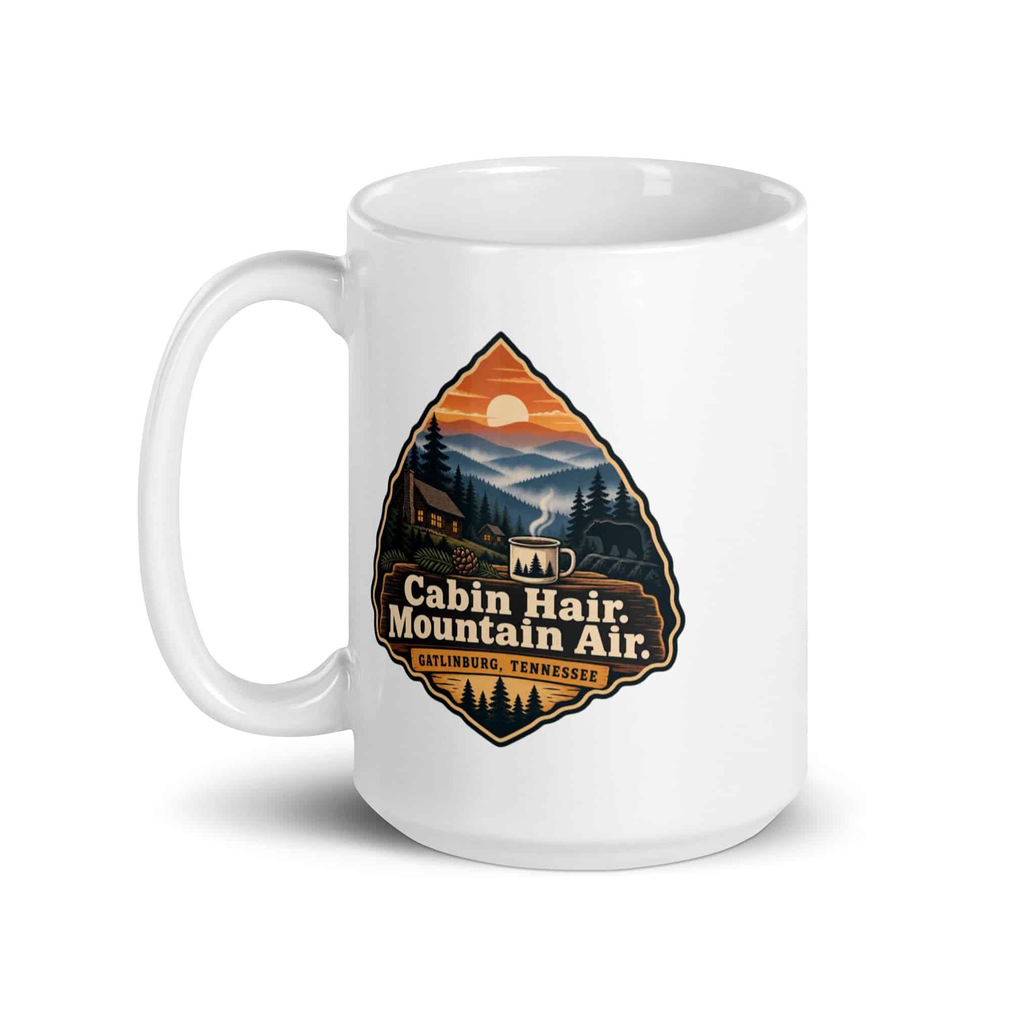 Gatlinburg and the Smokies White Ceramic Coffee Mug: Cabin Hair. Mountain Air, Scenic Shield Badge