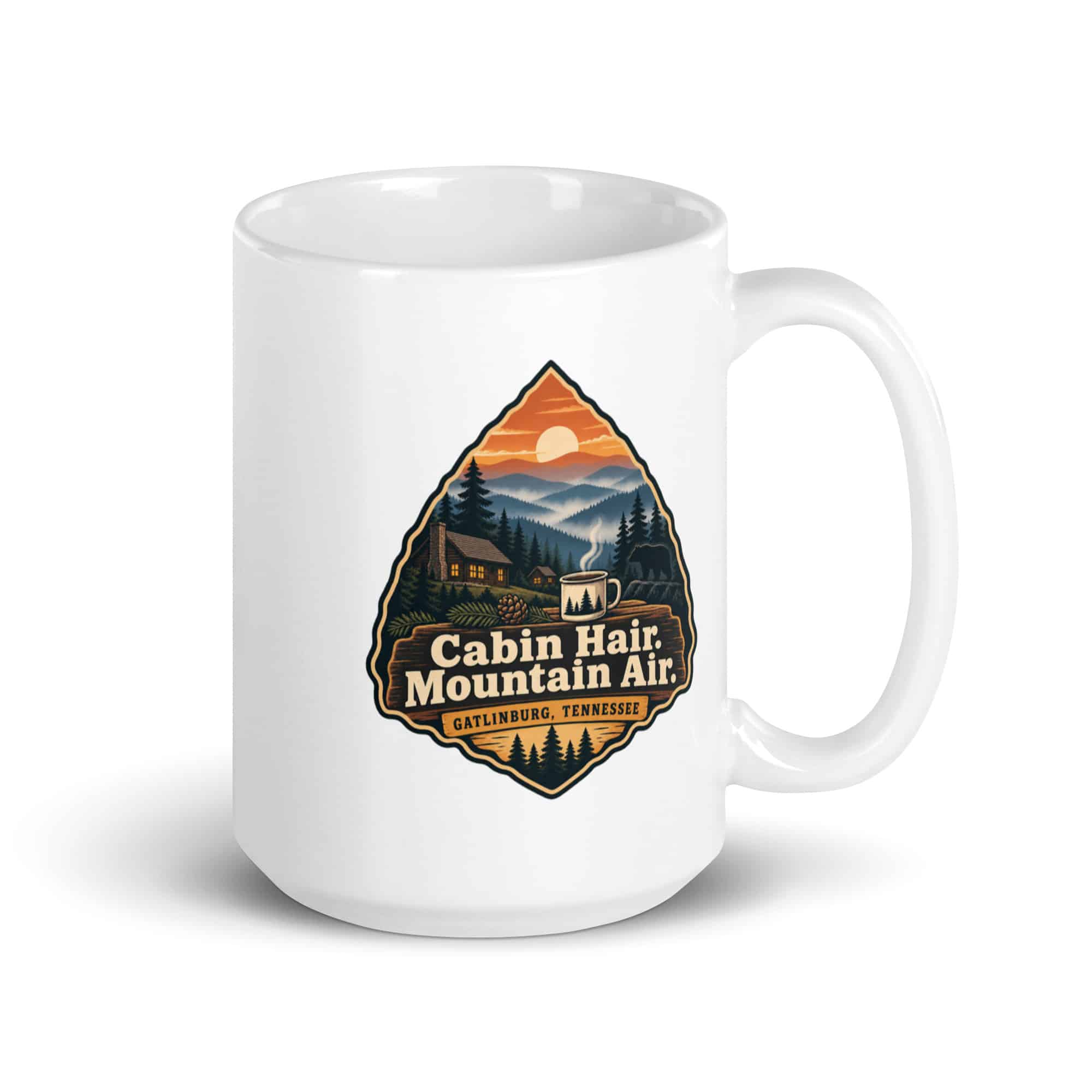 Gatlinburg and the Smokies White Ceramic Coffee Mug: Cabin Hair. Mountain Air, Scenic Shield Badge