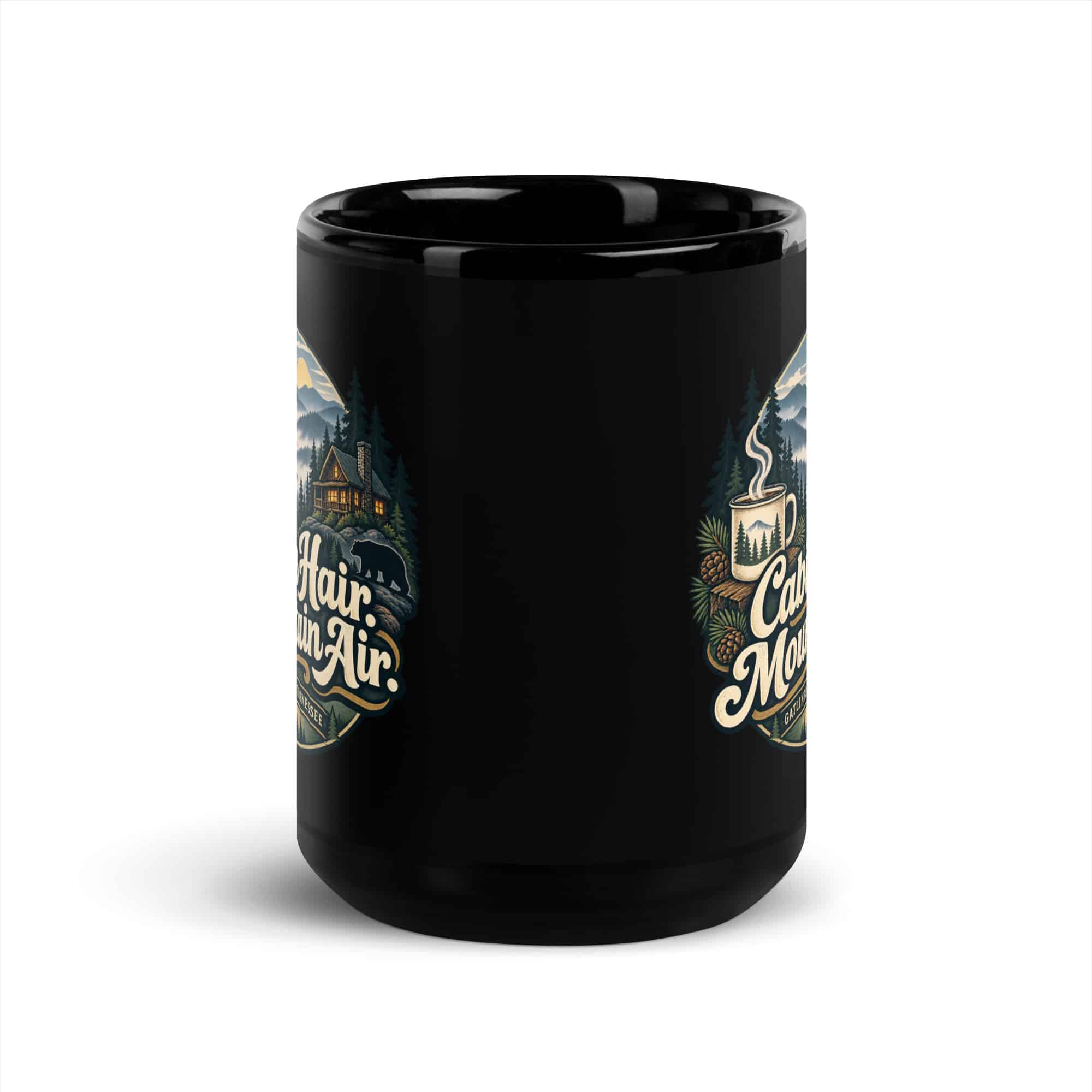 Gatlinburg and the Smokies Black Coffee Mug: Cabin Hair. Mountain Air, Woodland Scenic Lettering