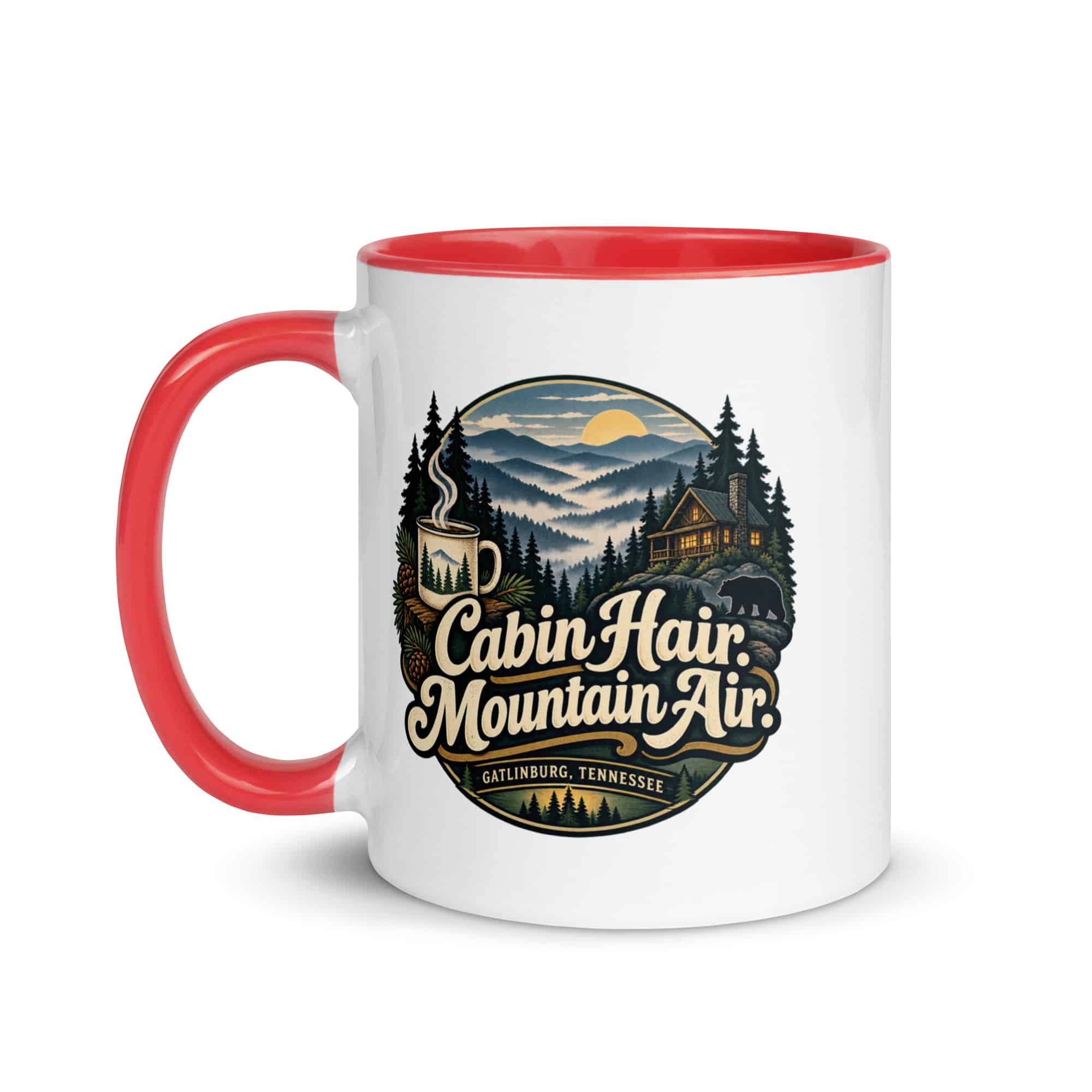 Gatlinburg and the Smokies Color Inside Coffee Mug: Cabin Hair. Mountain Air, Woodland Scenic Lettering