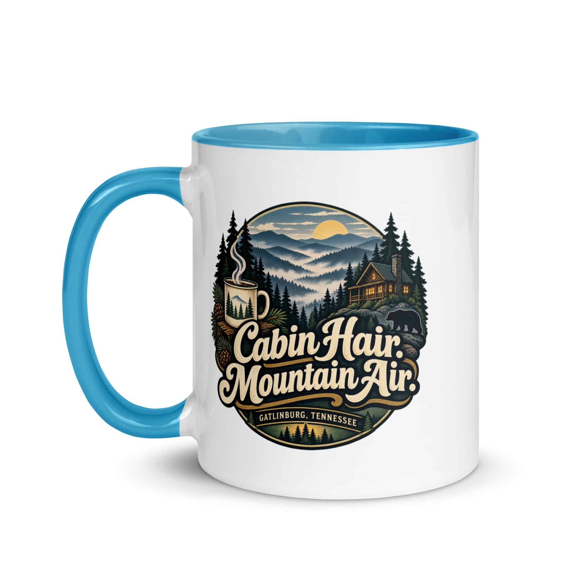 Gatlinburg and the Smokies Color Inside Coffee Mug: Cabin Hair. Mountain Air, Woodland Scenic Lettering