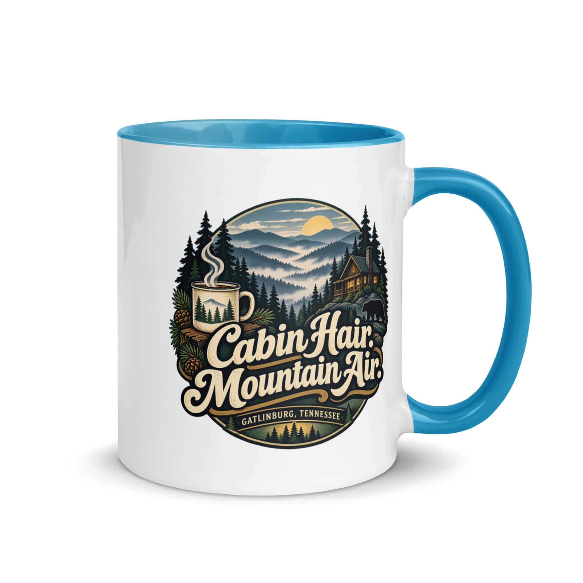 Gatlinburg and the Smokies Color Inside Coffee Mug: Cabin Hair. Mountain Air, Woodland Scenic Lettering