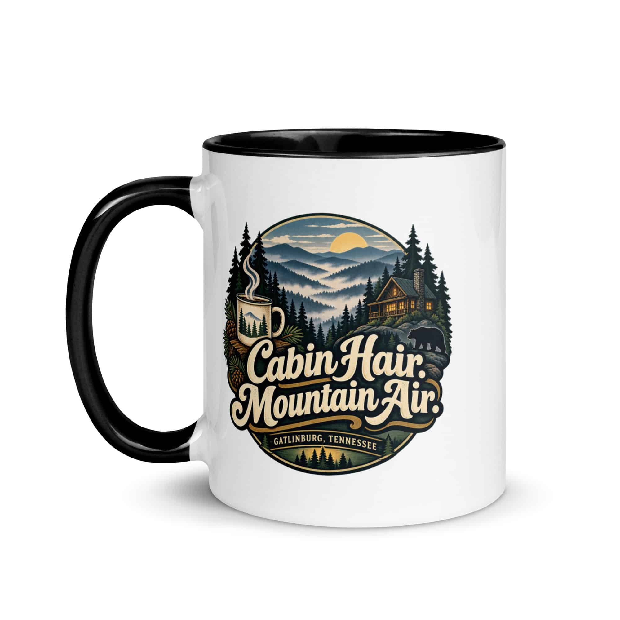 Gatlinburg and the Smokies Color Inside Coffee Mug: Cabin Hair. Mountain Air, Woodland Scenic Lettering
