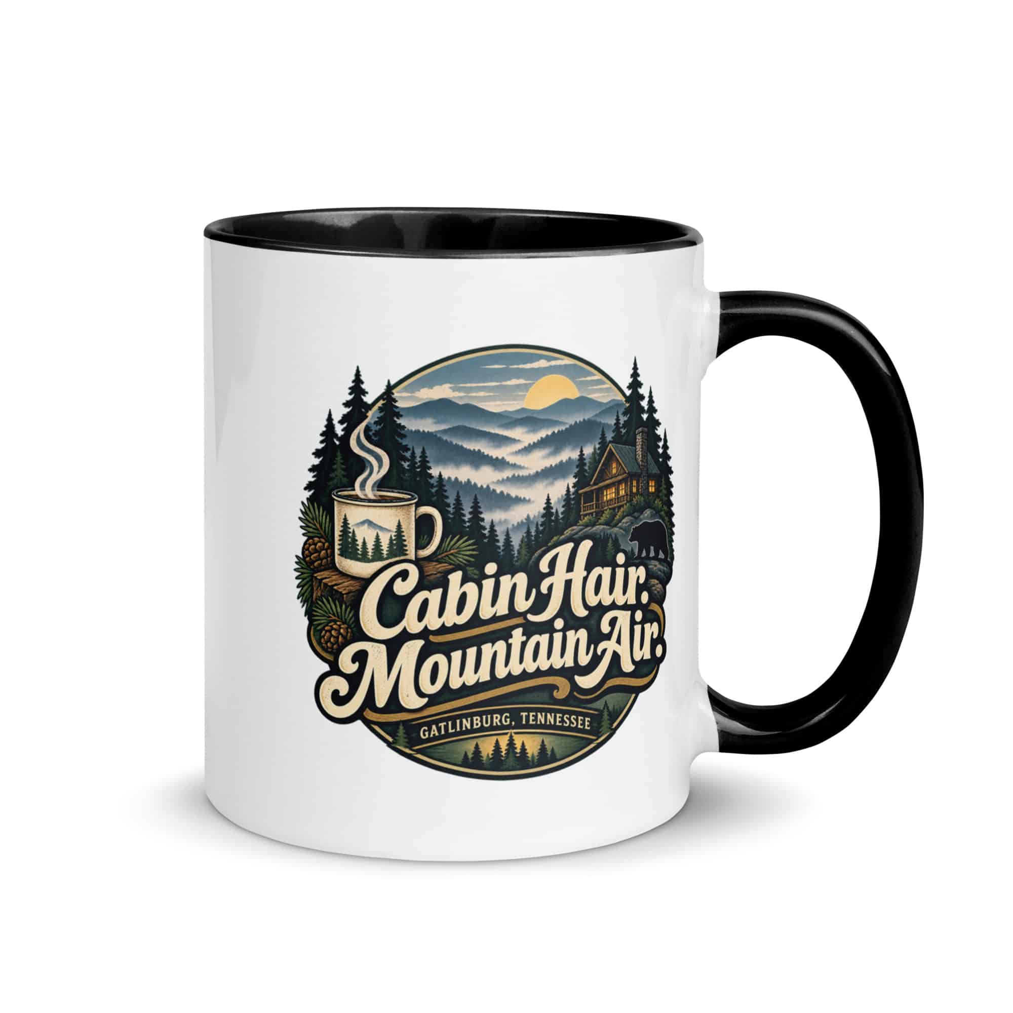 Gatlinburg and the Smokies Color Inside Coffee Mug: Cabin Hair. Mountain Air, Woodland Scenic Lettering
