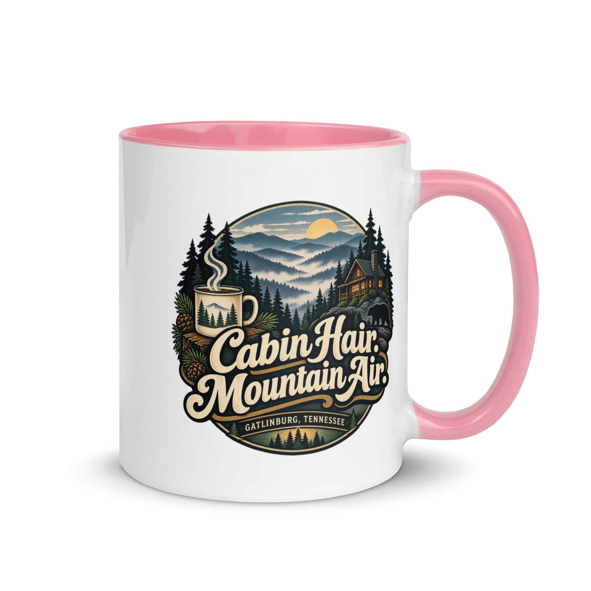 Gatlinburg and the Smokies Color Inside Coffee Mug: Cabin Hair. Mountain Air, Woodland Scenic Lettering