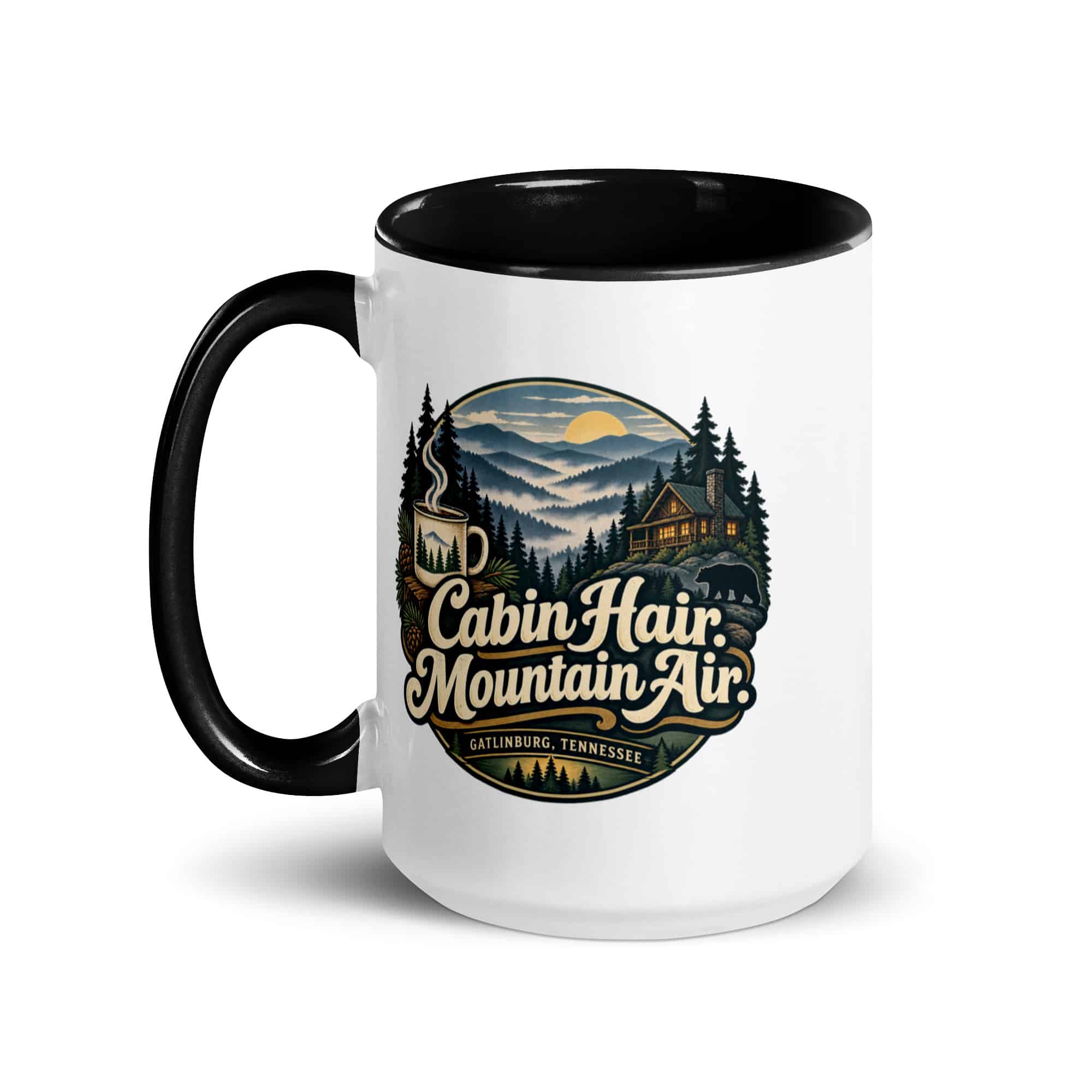 Gatlinburg and the Smokies Color Inside Coffee Mug: Cabin Hair. Mountain Air, Woodland Scenic Lettering