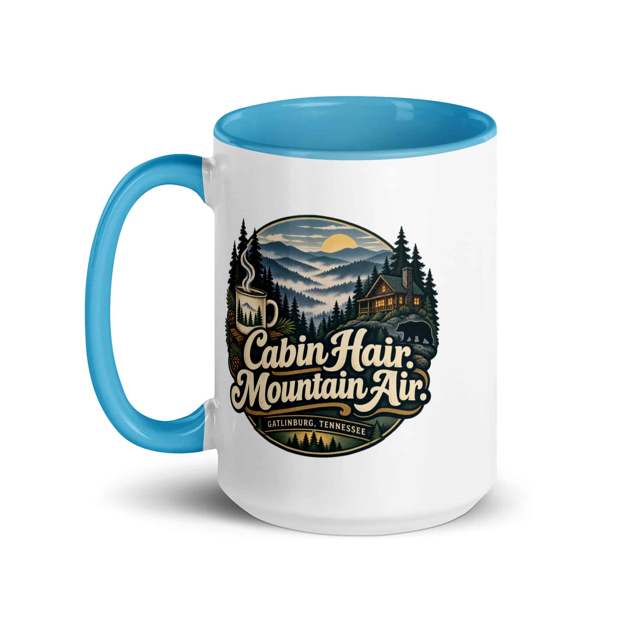 Gatlinburg and the Smokies Color Inside Coffee Mug: Cabin Hair. Mountain Air, Woodland Scenic Lettering
