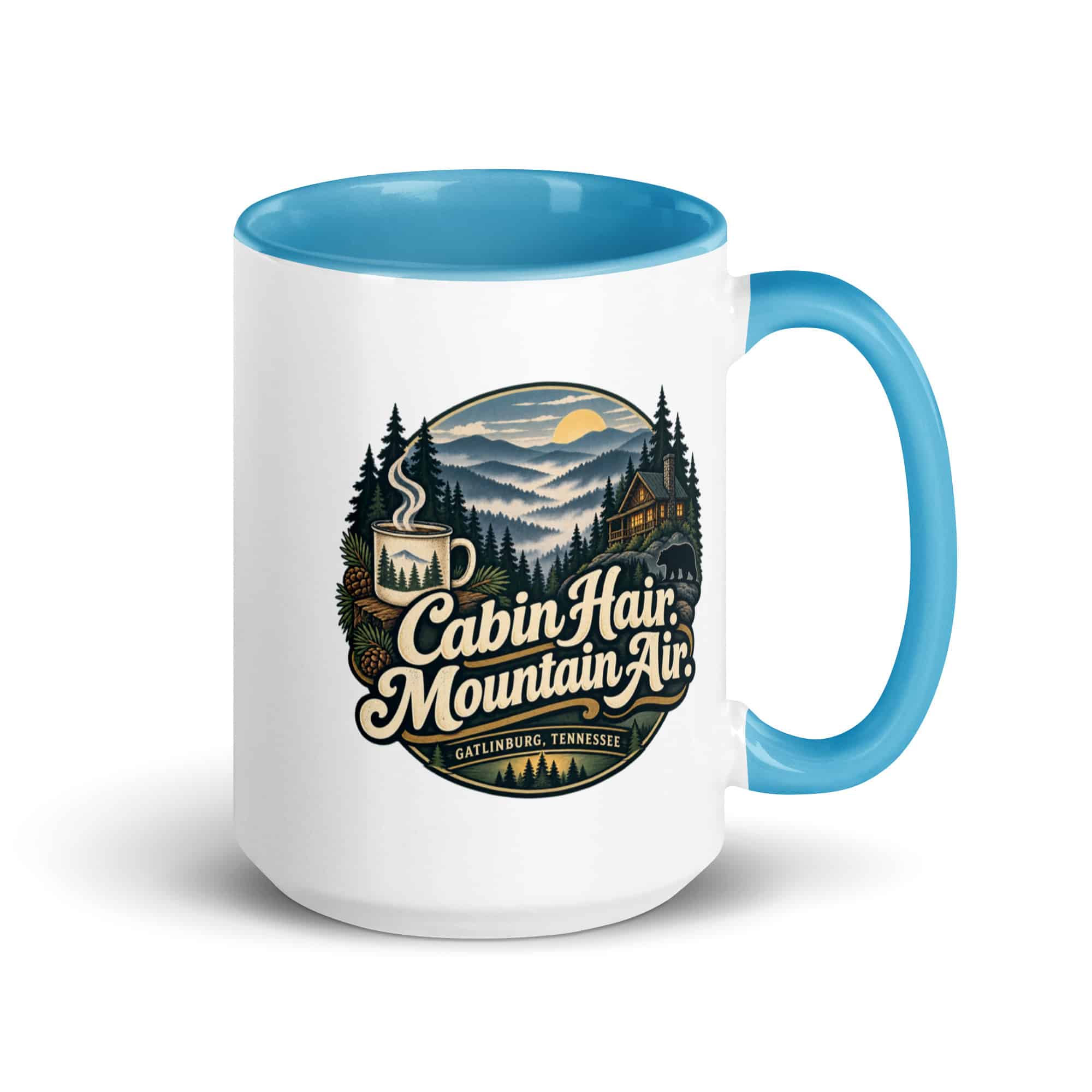 Gatlinburg and the Smokies Color Inside Coffee Mug: Cabin Hair. Mountain Air, Woodland Scenic Lettering