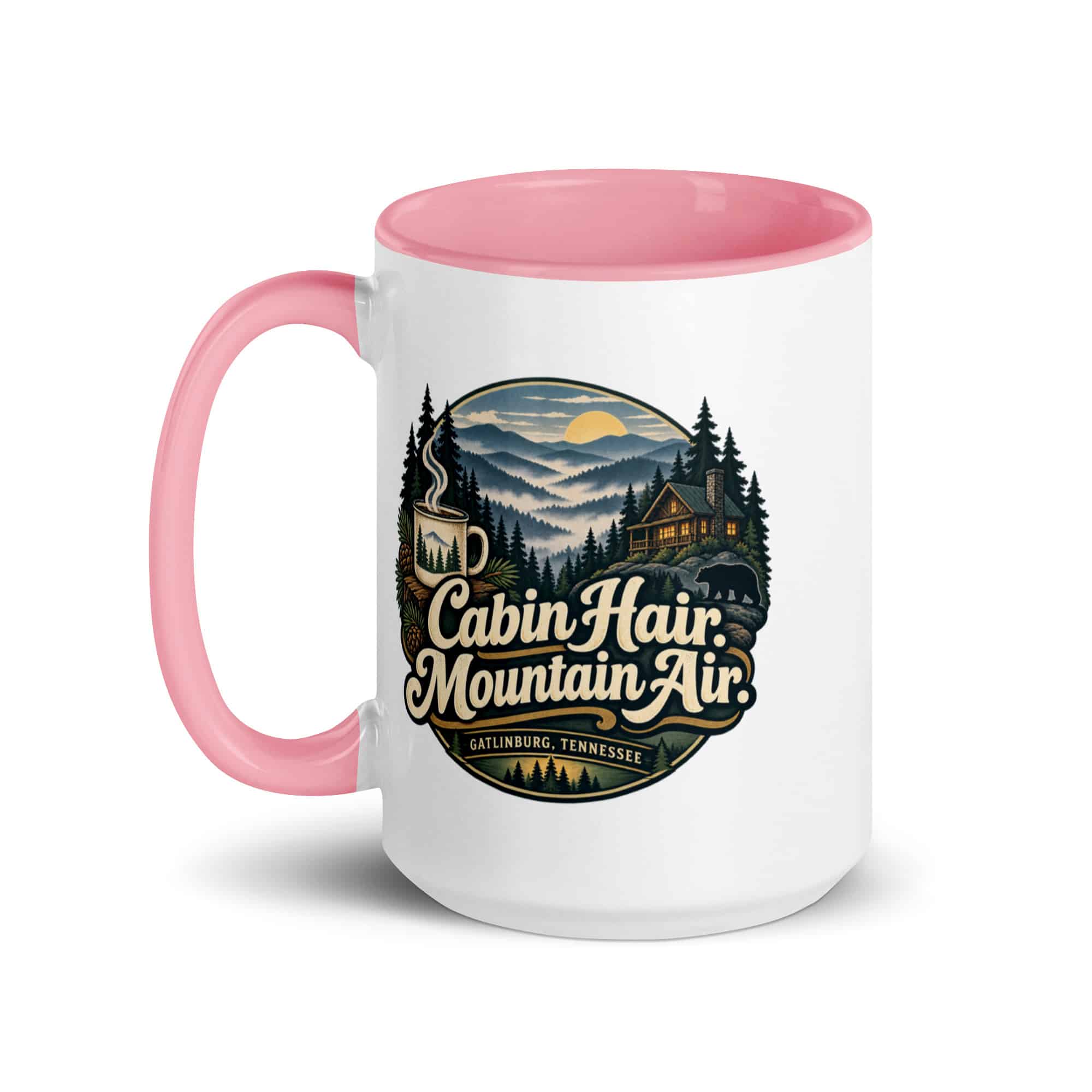 Gatlinburg and the Smokies Color Inside Coffee Mug: Cabin Hair. Mountain Air, Woodland Scenic Lettering
