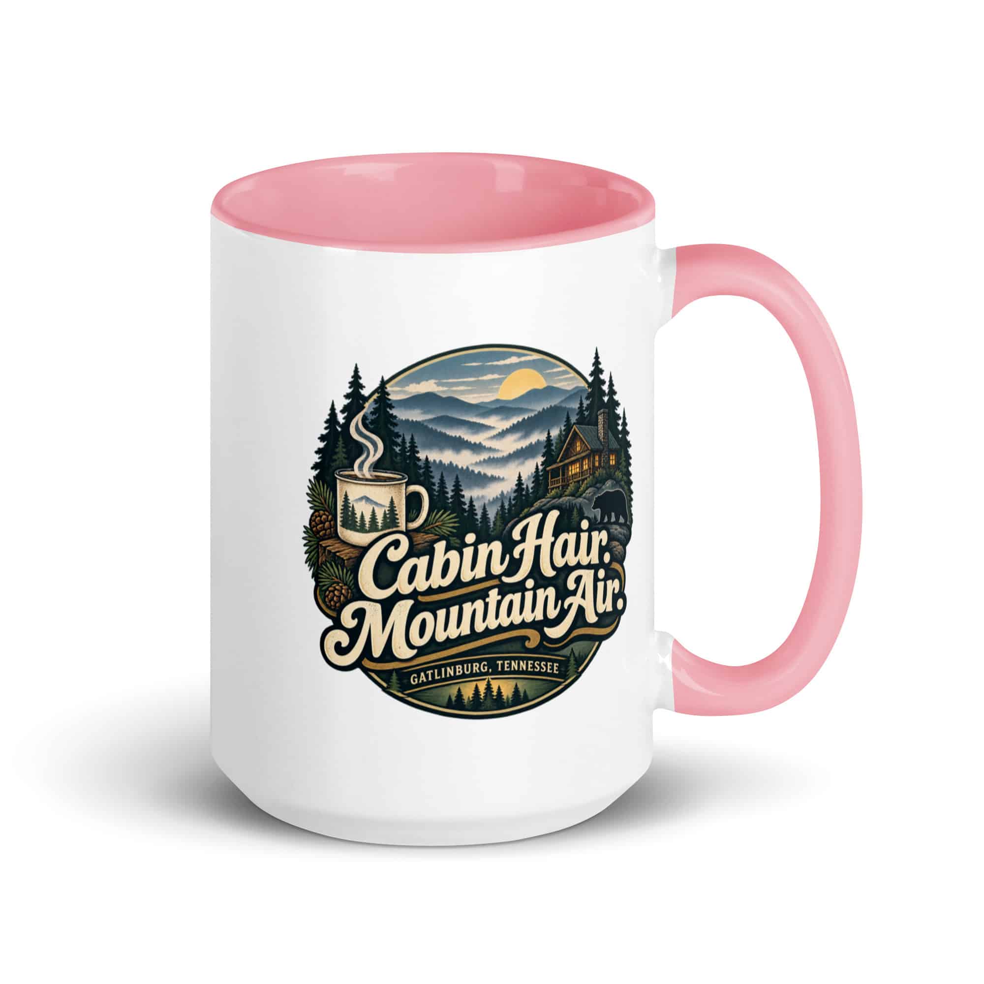 Gatlinburg and the Smokies Color Inside Coffee Mug: Cabin Hair. Mountain Air, Woodland Scenic Lettering