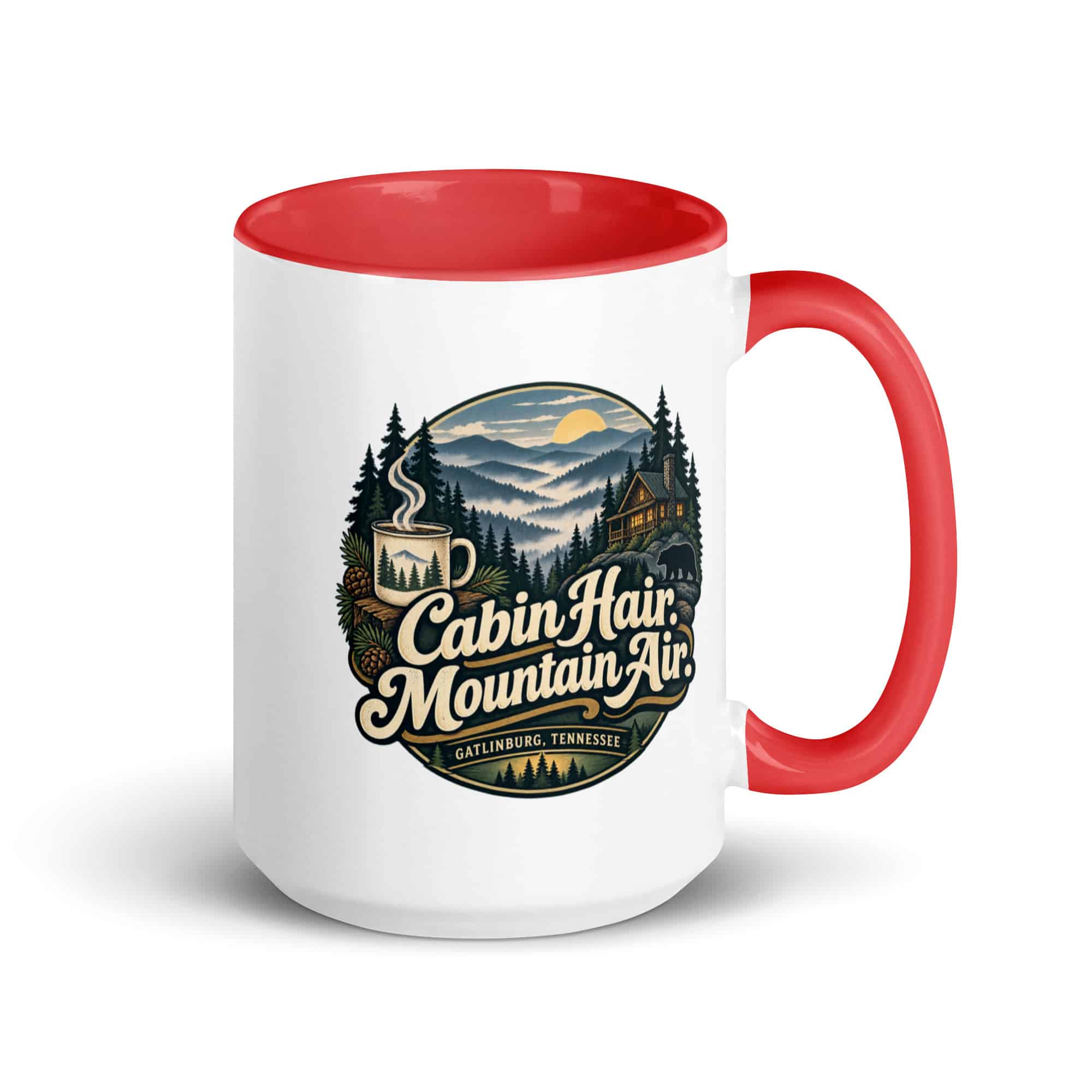 Gatlinburg and the Smokies Color Inside Coffee Mug: Cabin Hair. Mountain Air, Woodland Scenic Lettering