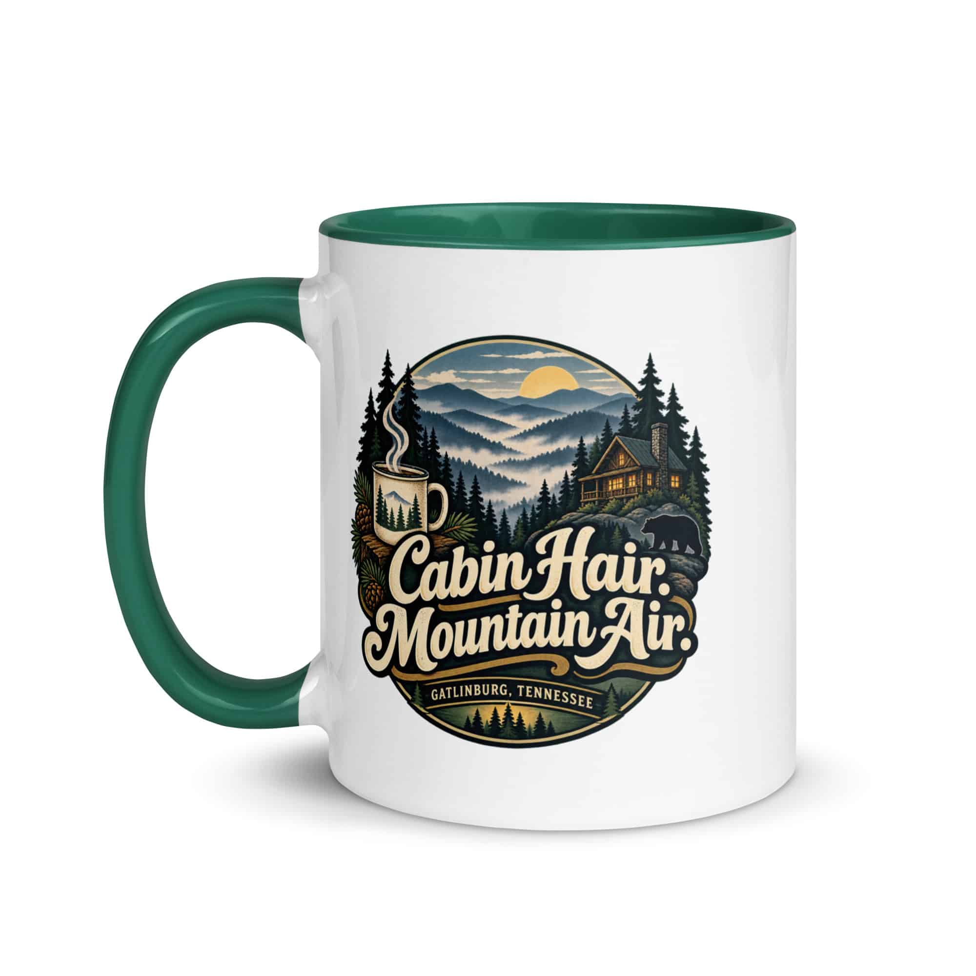 Gatlinburg and the Smokies Color Inside Coffee Mug: Cabin Hair. Mountain Air, Woodland Scenic Lettering