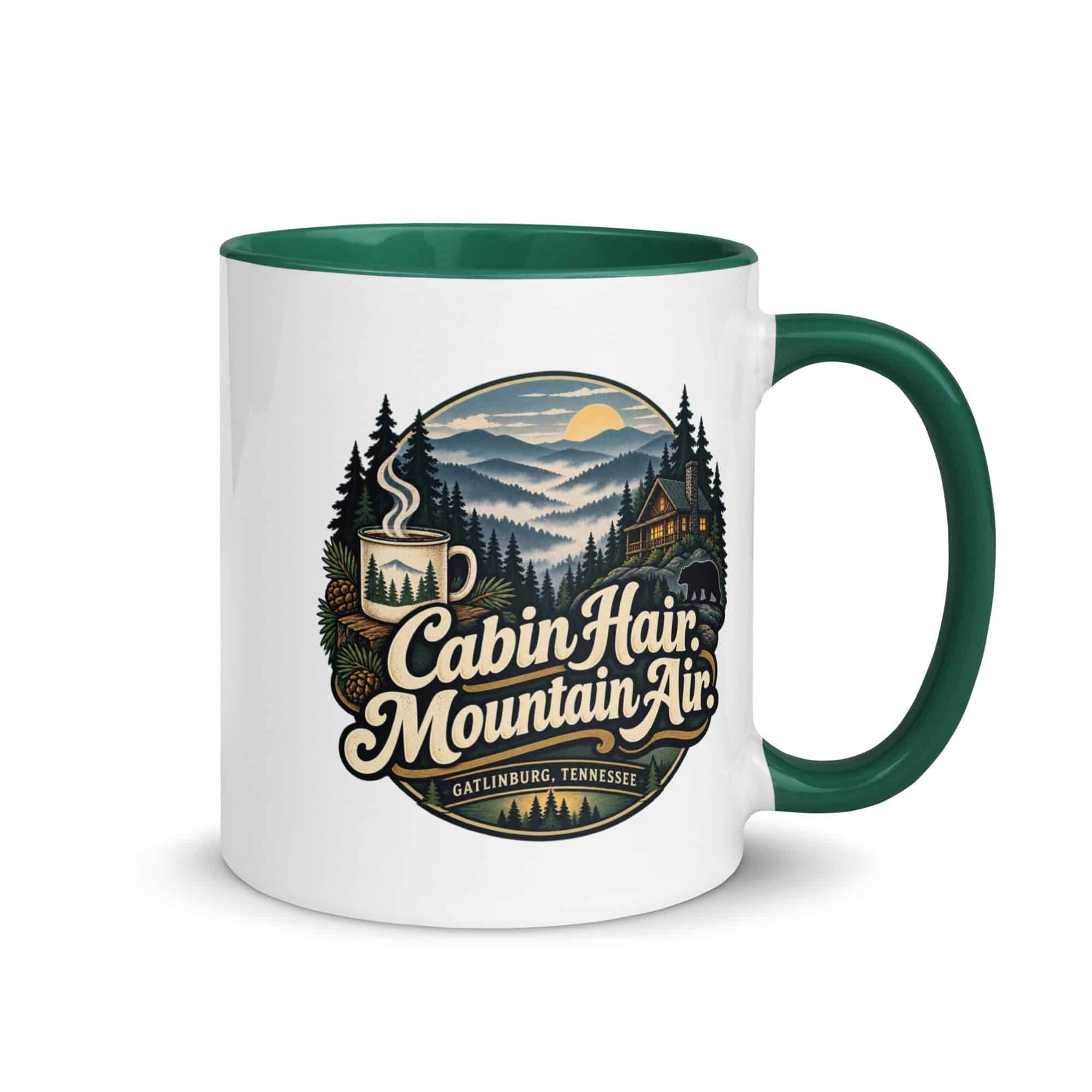 Gatlinburg and the Smokies Color Inside Coffee Mug: Cabin Hair. Mountain Air, Woodland Scenic Lettering