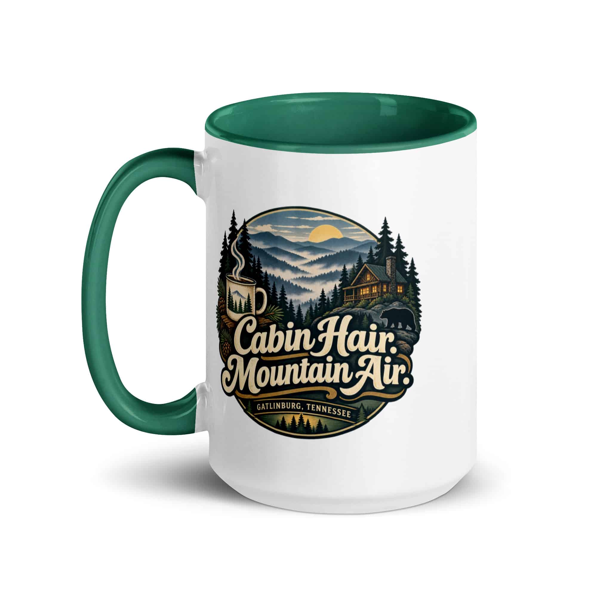 Gatlinburg and the Smokies Color Inside Coffee Mug: Cabin Hair. Mountain Air, Woodland Scenic Lettering