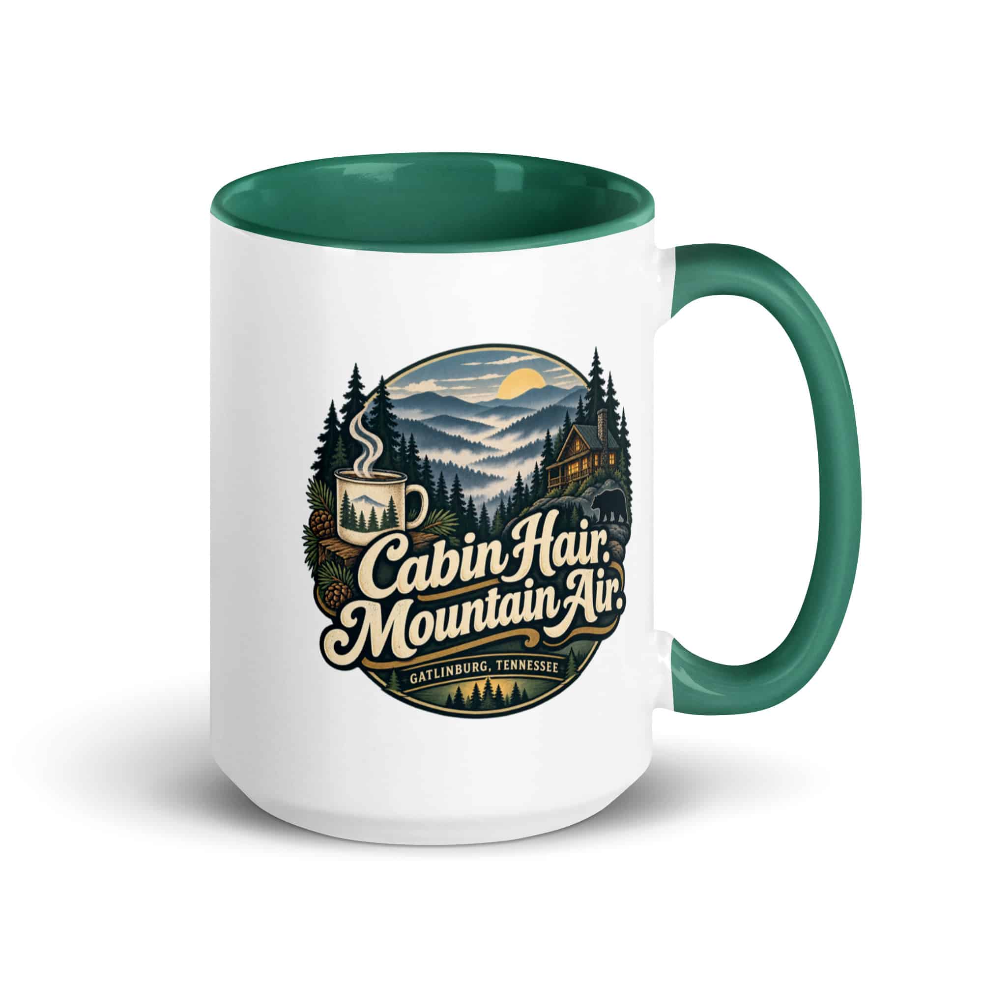 Gatlinburg and the Smokies Color Inside Coffee Mug: Cabin Hair. Mountain Air, Woodland Scenic Lettering