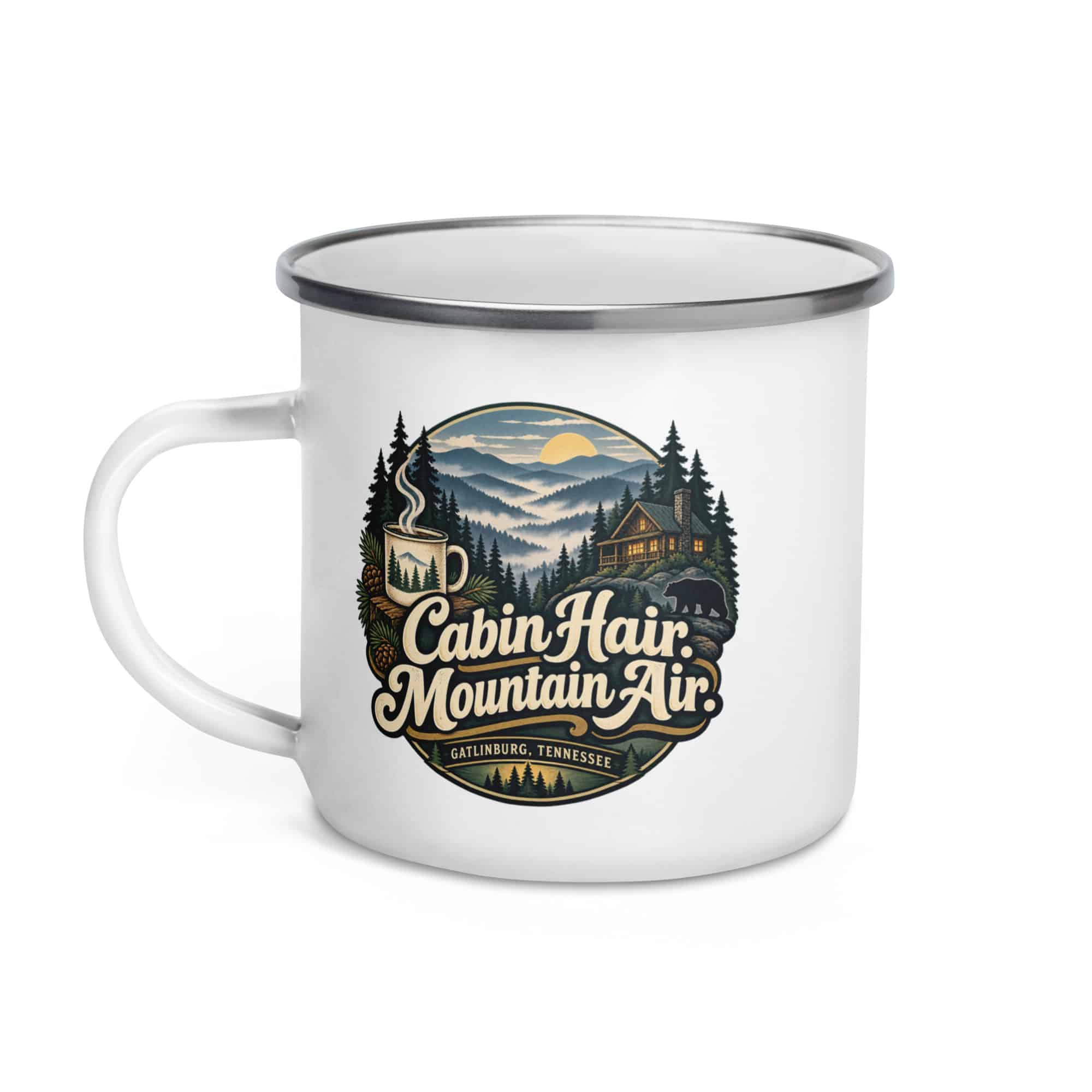 Gatlinburg and the Smokies Enamel Camp Mug: Cabin Hair. Mountain Air, Woodland Scenic Lettering