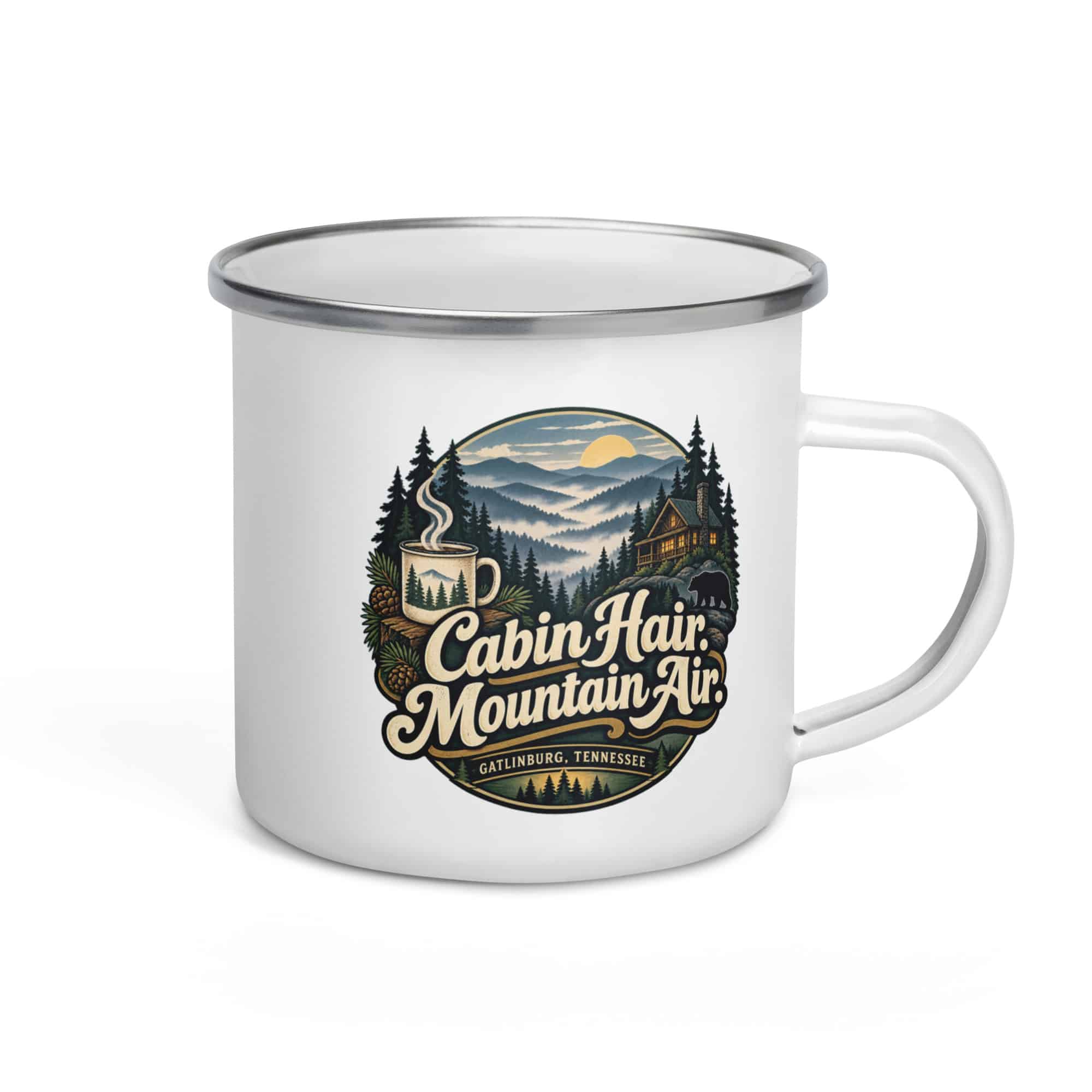Gatlinburg and the Smokies Enamel Camp Mug: Cabin Hair. Mountain Air, Woodland Scenic Lettering