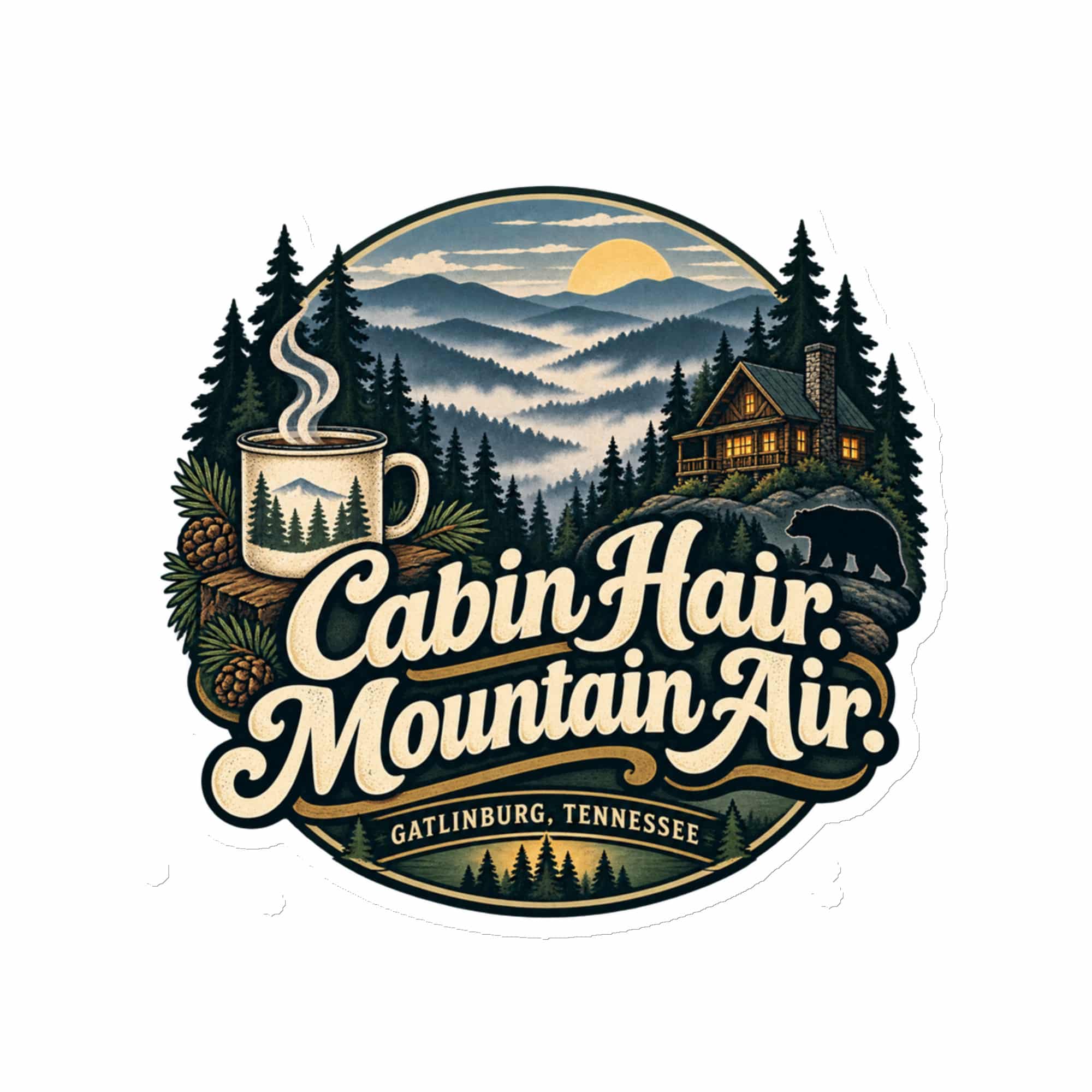 Gatlinburg and the Smokies Die-Cut Magnet: Cabin Hair. Mountain Air, Woodland Scenic Lettering