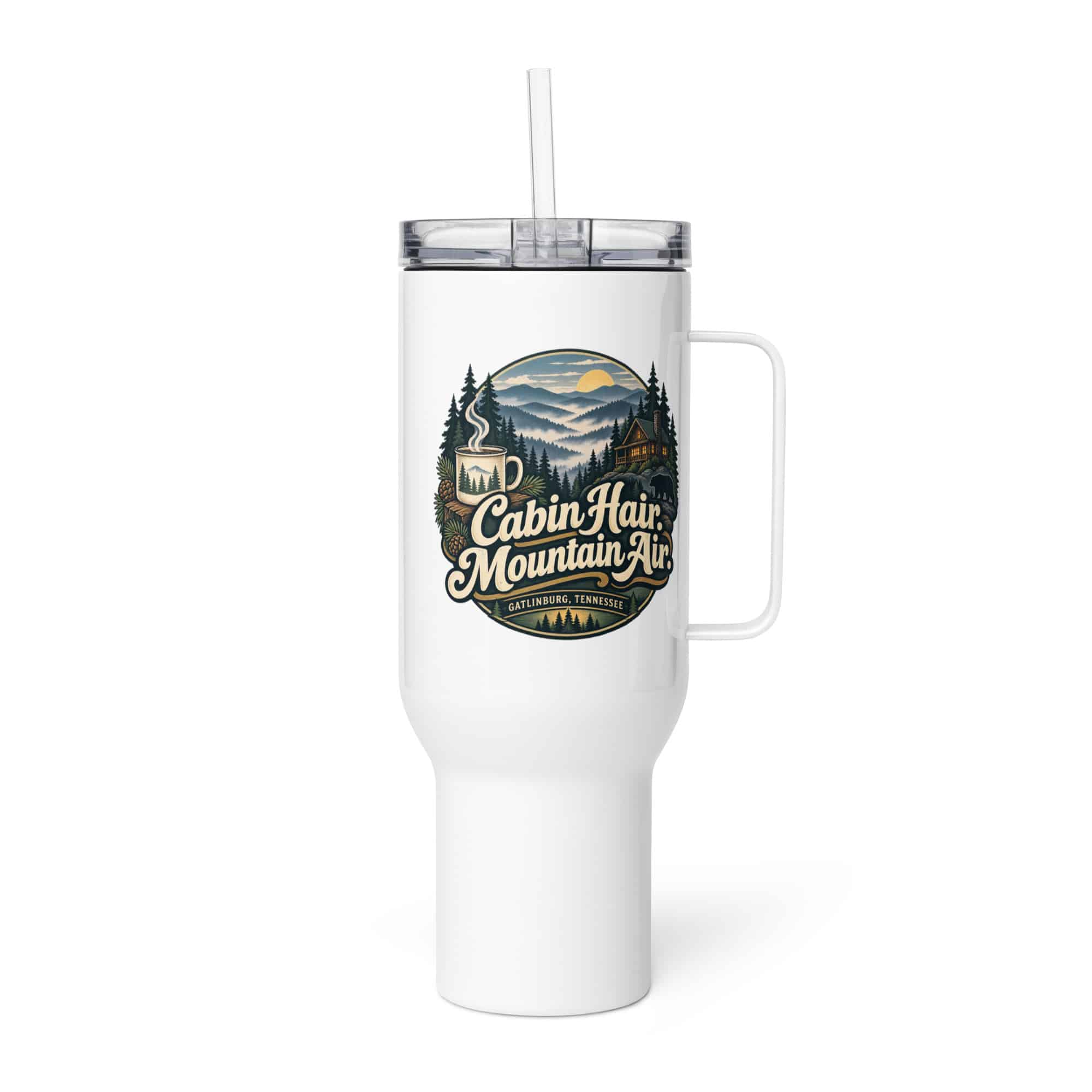 Gatlinburg and the Smokies Travel Mug: Cabin Hair. Mountain Air, Woodland Scenic Lettering